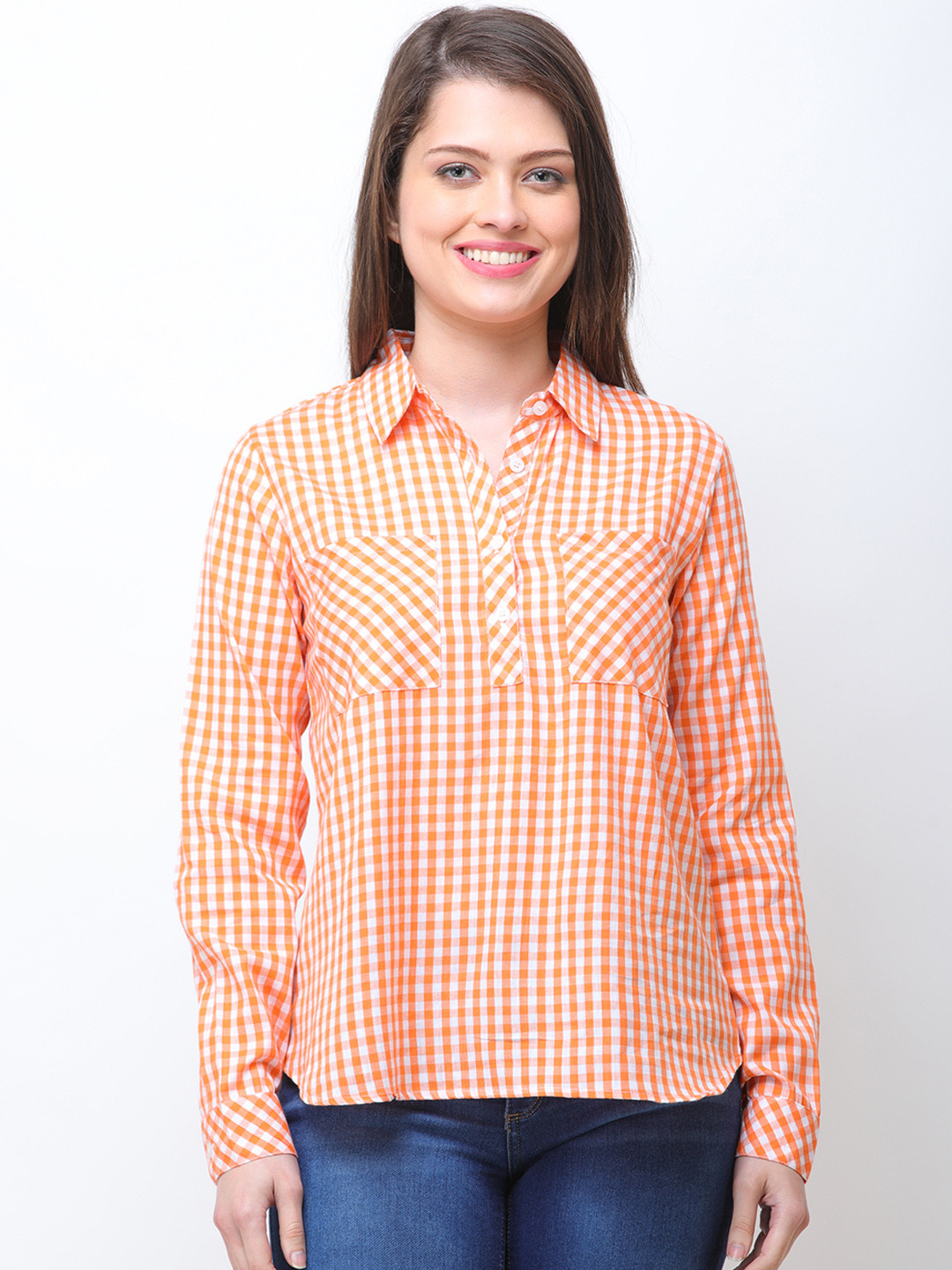 Cation Women Orange Checked Shirt Style Pure Cotton Top