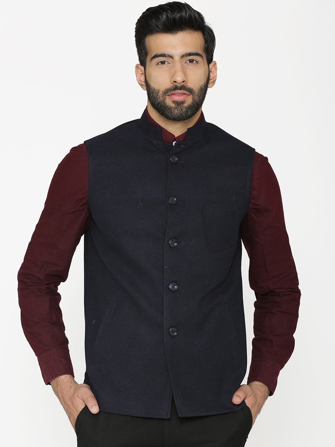 Wintage Men Navy Blue Solid Nehru Jacket