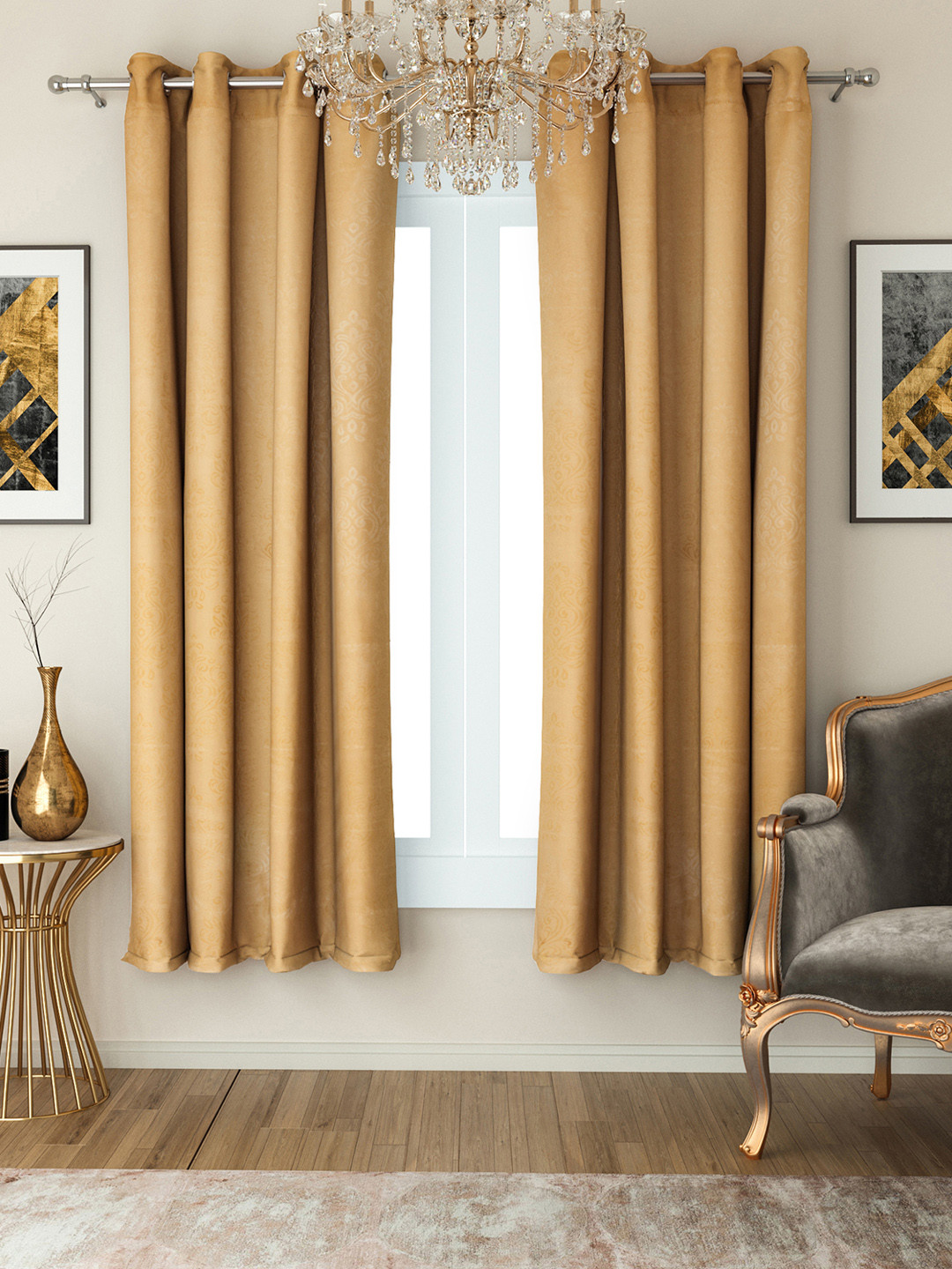 SWAYAM Beige Set Of 2 Blackout 250 GSM Damask Printed Window Curtains