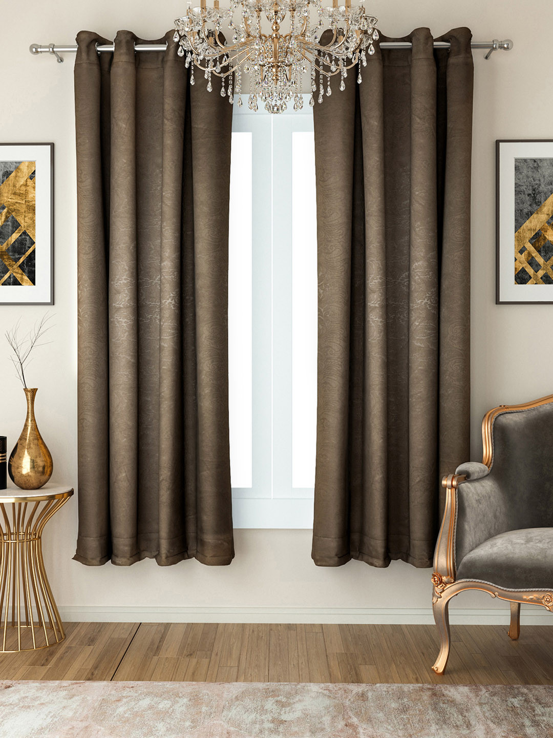 SWAYAM Brown Blackout 250 GSM Single Damask Printed Window Curtains