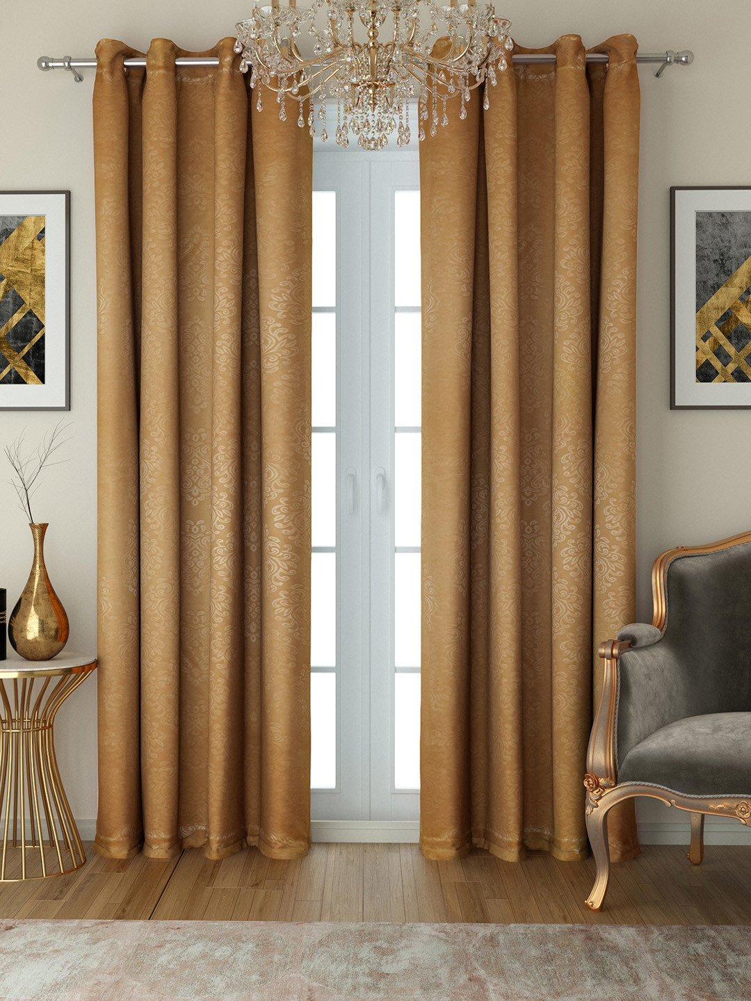 SWAYAM Beige Set Of 2 Blackout 250 GSM Damask Printed Door Curtains