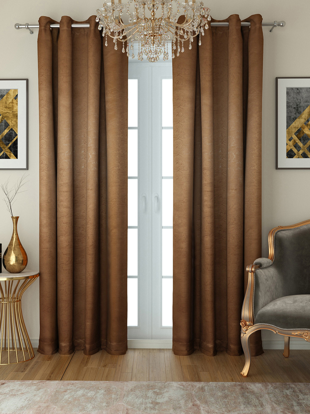 SWAYAM Brown Blackout 250 GSM Single Damask Printed Long Door Curtains