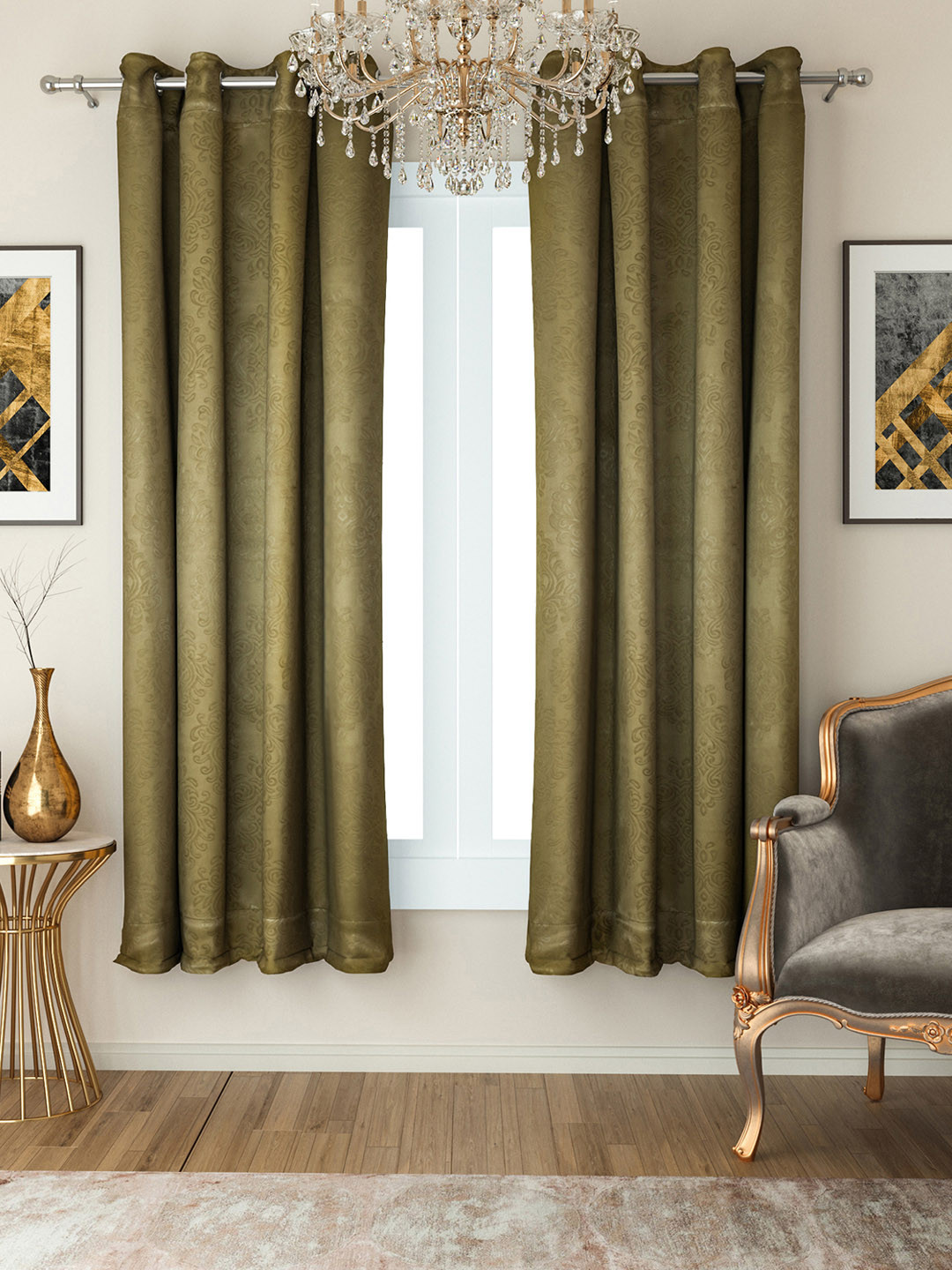 SWAYAM Green Set Of 2 Blackout 250 GSM Damask Printed Window Curtains