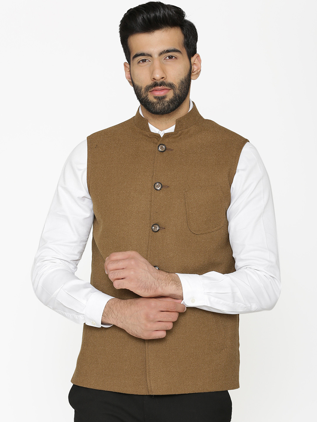 Wintage Men Khaki Solid Nehru Jacket