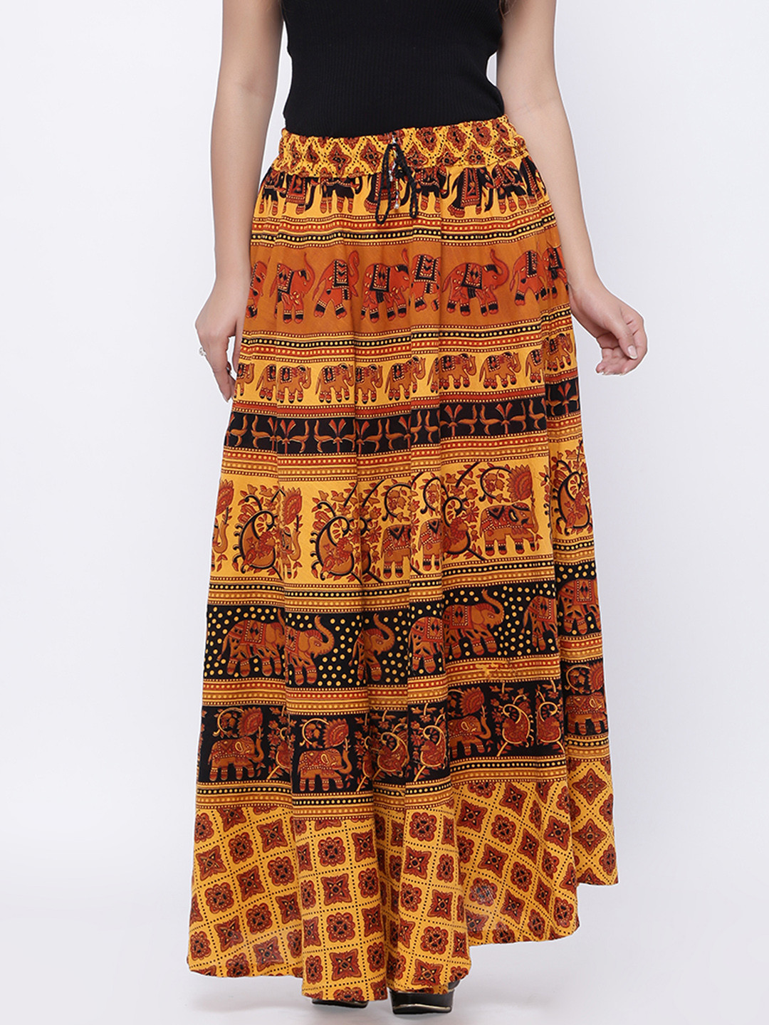 SOUNDARYA Women Mustard Yellow & Black Printed Flared Maxi Pure Cotton Skirt