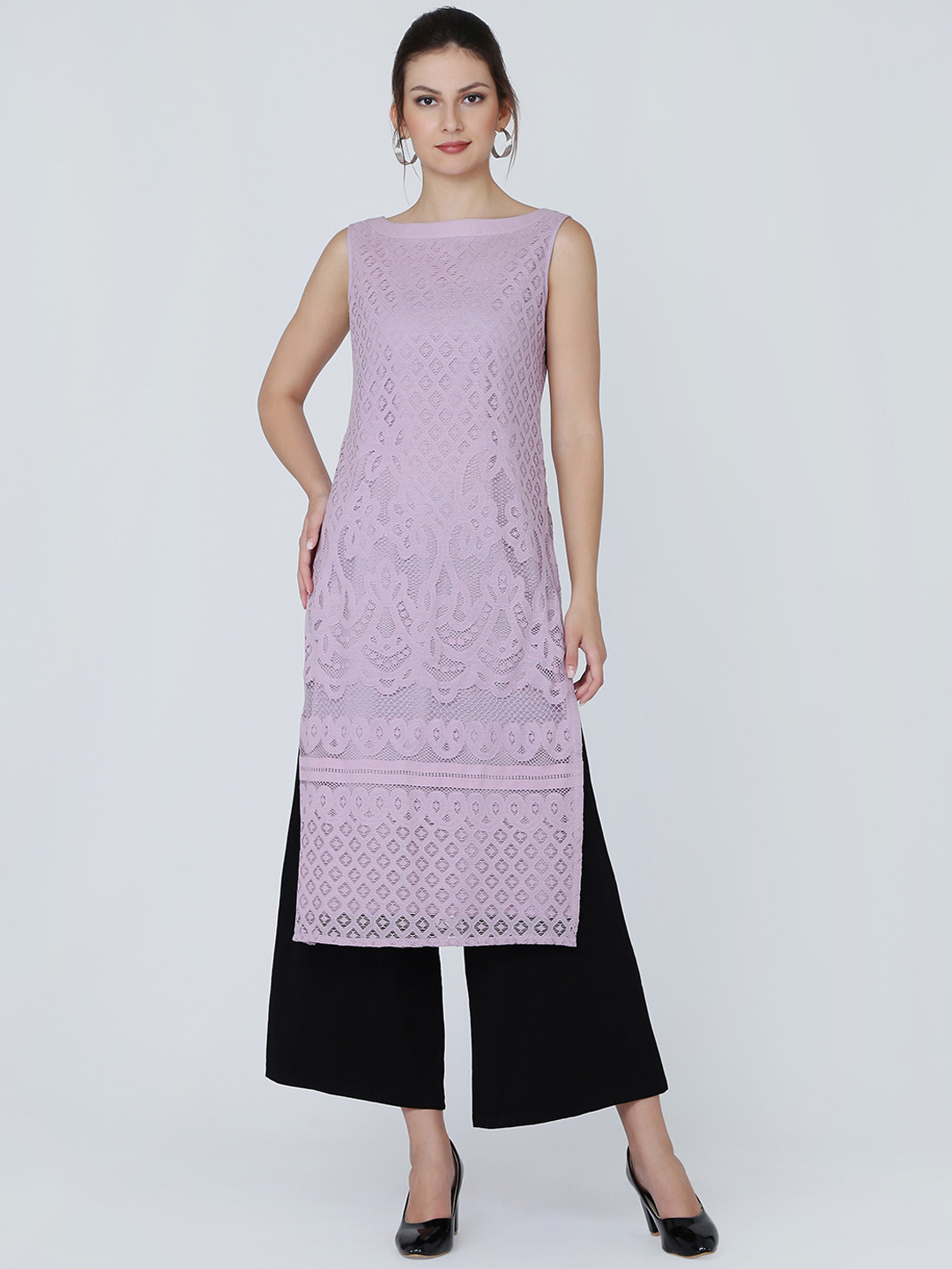 Ojjasvi Women Lavender Self Designed Straight Kurta