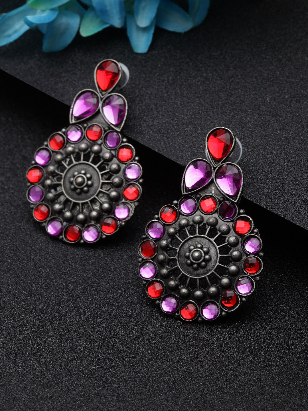 Moedbuille Women Red & Purple Silver-Plated Oxidised Circular Drop Earrings