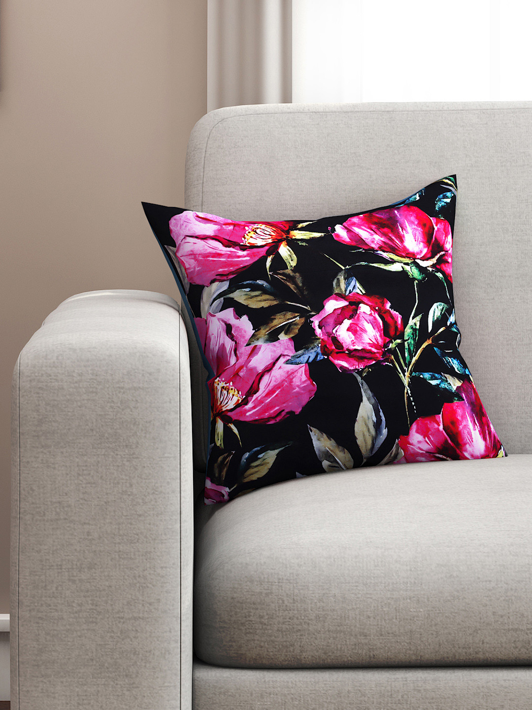 SEJ by Nisha Gupta Black Floral Polycotton HD Digital Patchwork Cushion Cover -16x16In