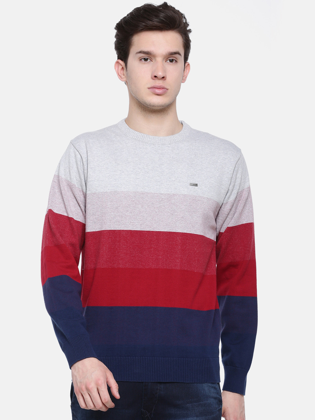 t-base Men Red & Off-White Striped Sweater