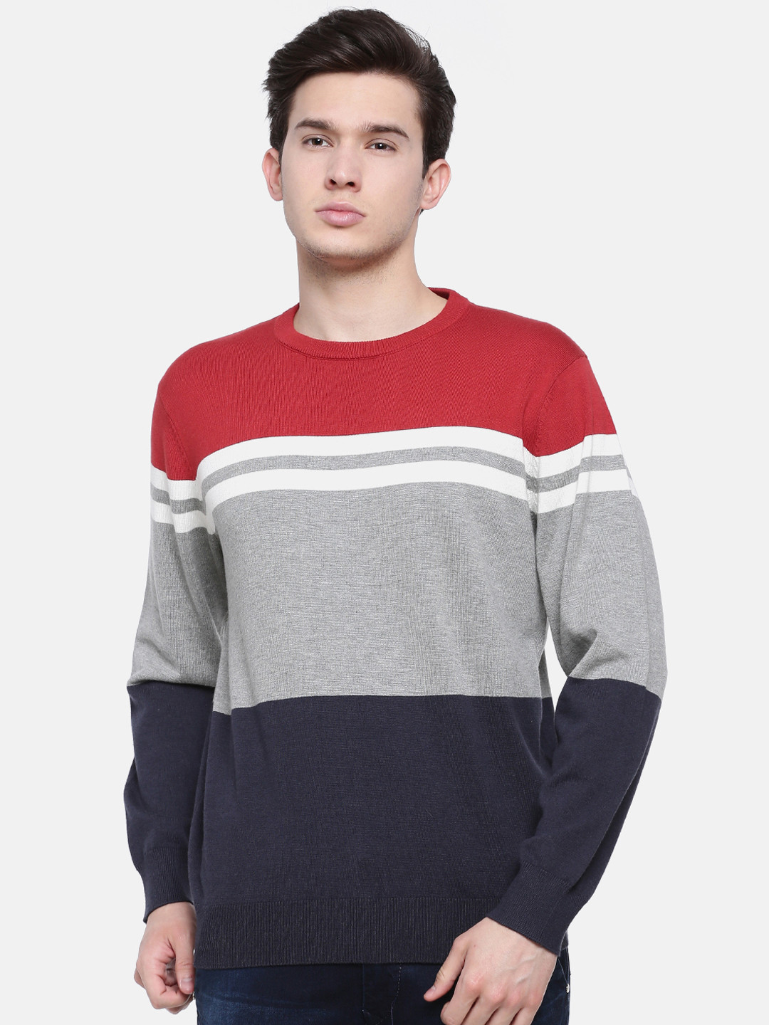 t-base Men Grey & Red Striped Sweater