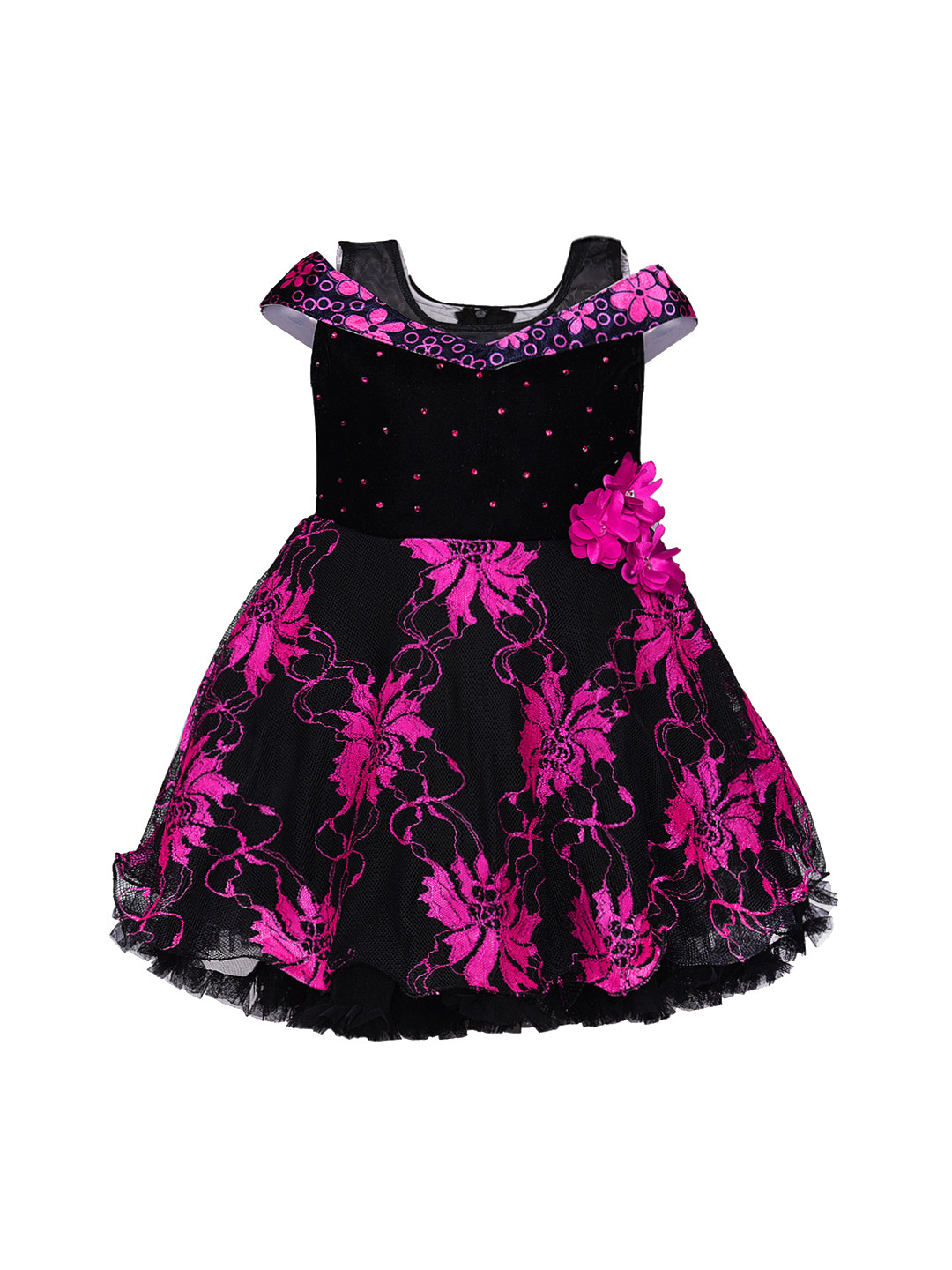 Wish Karo Girls Pink & Black Self Design Fit and Flare Dress