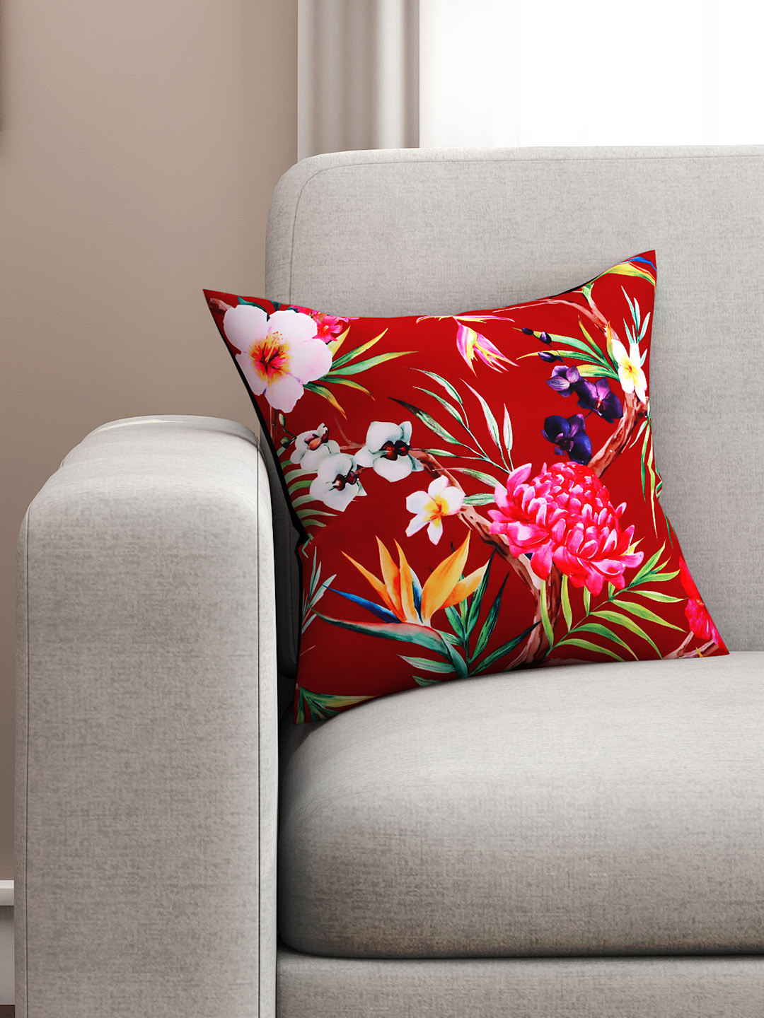 SEJ by Nisha Gupta Maroon Floral Polycotton HD Digital Patchwork Cushion Cover -16x16In