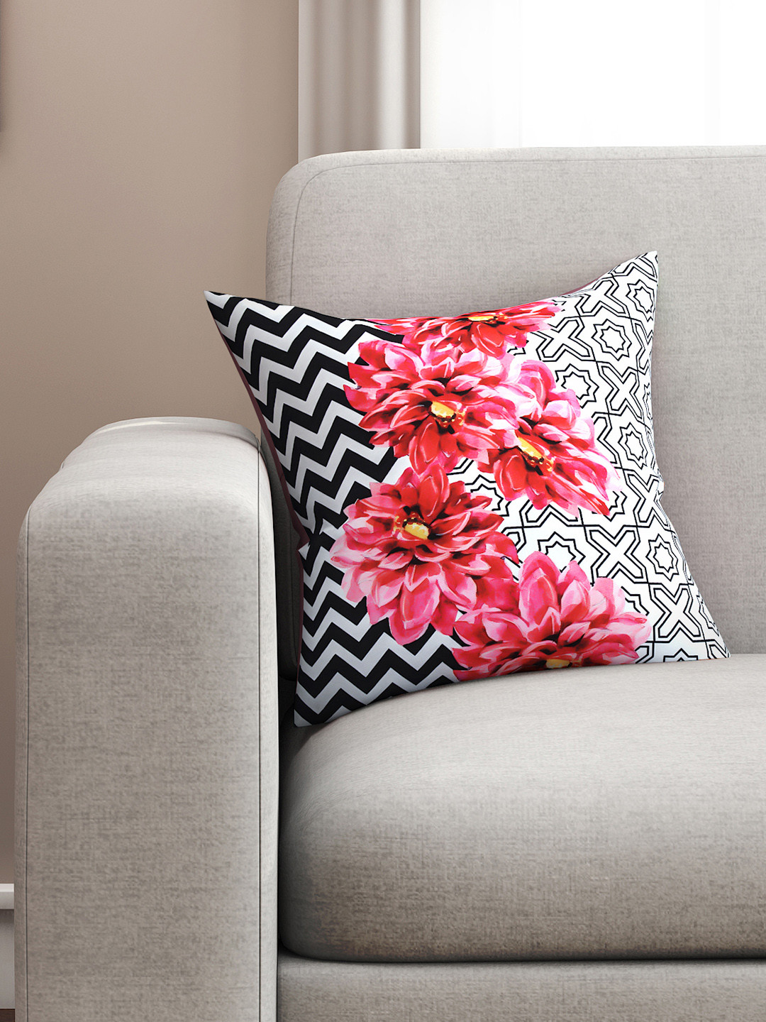 SEJ by Nisha Gupta Black & White Single Floral Square Cushion Cover