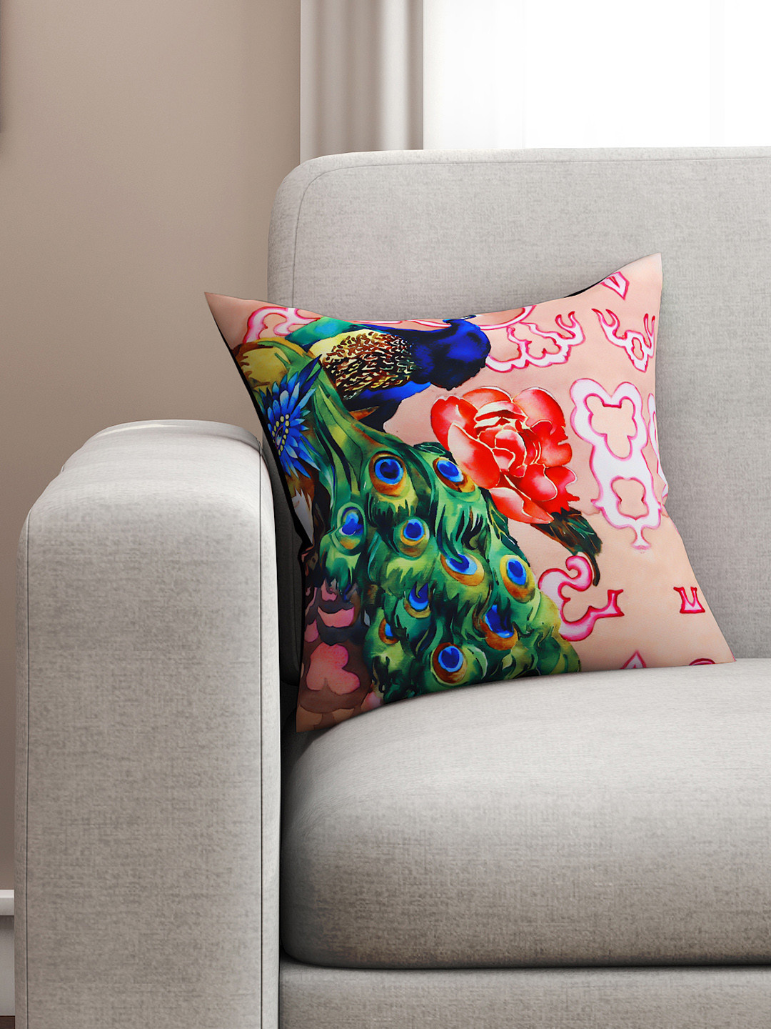 SEJ by Nisha Gupta Peach Ethnic Motifs Polycotton Washable Square Cushion Cover -16x16In