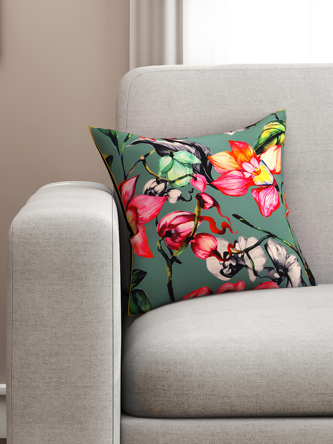 SEJ by Nisha Gupta Teal Floral Polycotton Washable Square Cushion Cover -16x16In