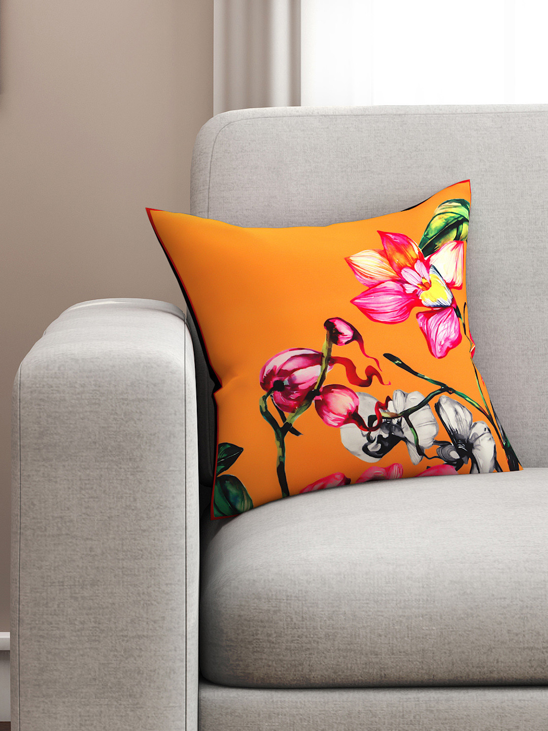 SEJ by Nisha Gupta Orange Floral Polycotton Washable Square Cushion Cover -16x16In
