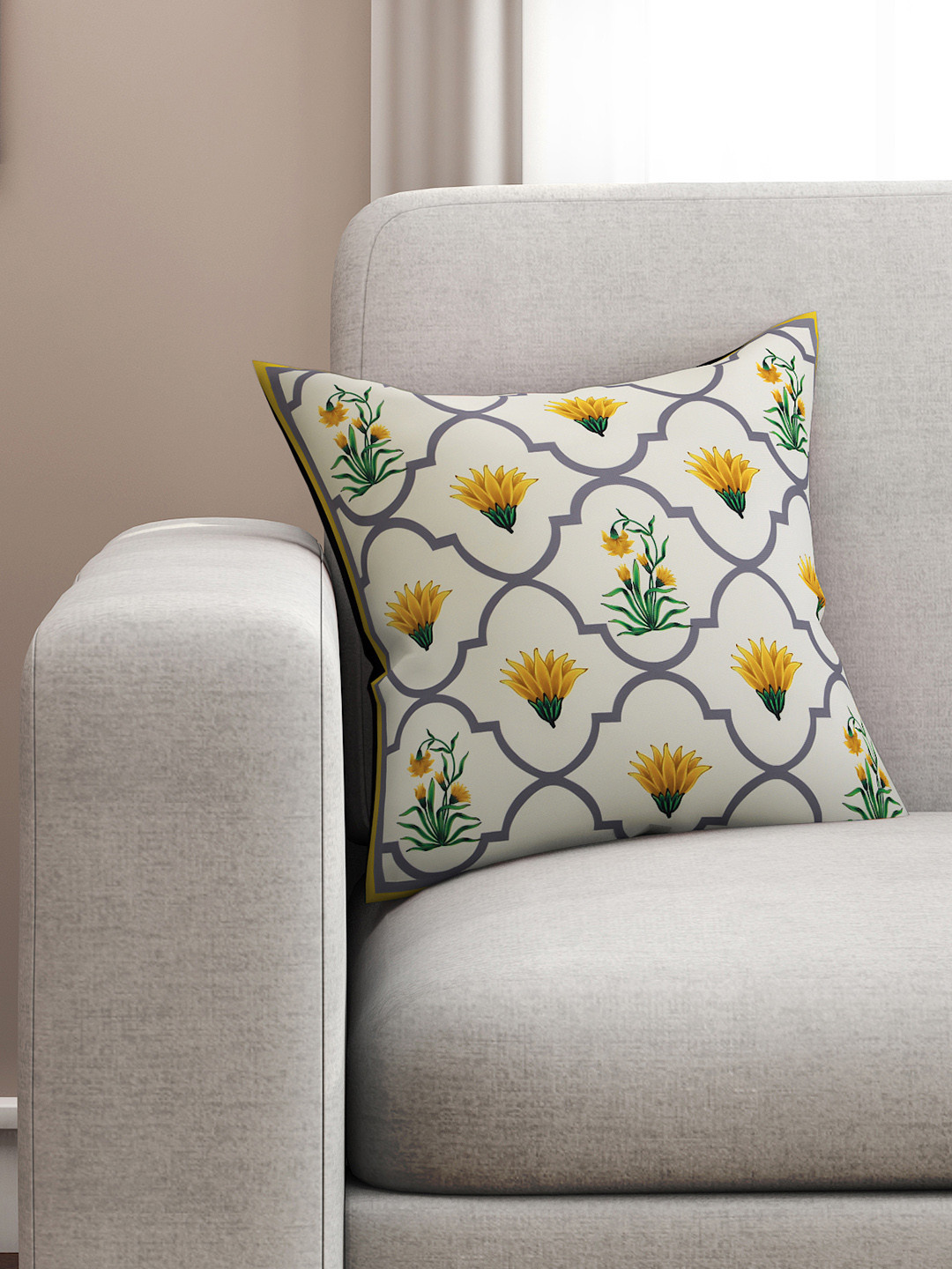 SEJ by Nisha Gupta Beige Floral Polycotton Washable Cushion Cover - 15.7 x 15.7 Inches