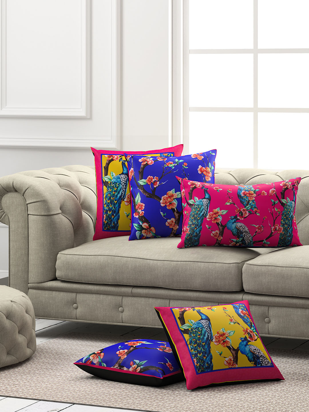 SEJ by Nisha Gupta Blue Floral Polycotton 5 Pcs Square Cushion Covers -15.7x15.7In