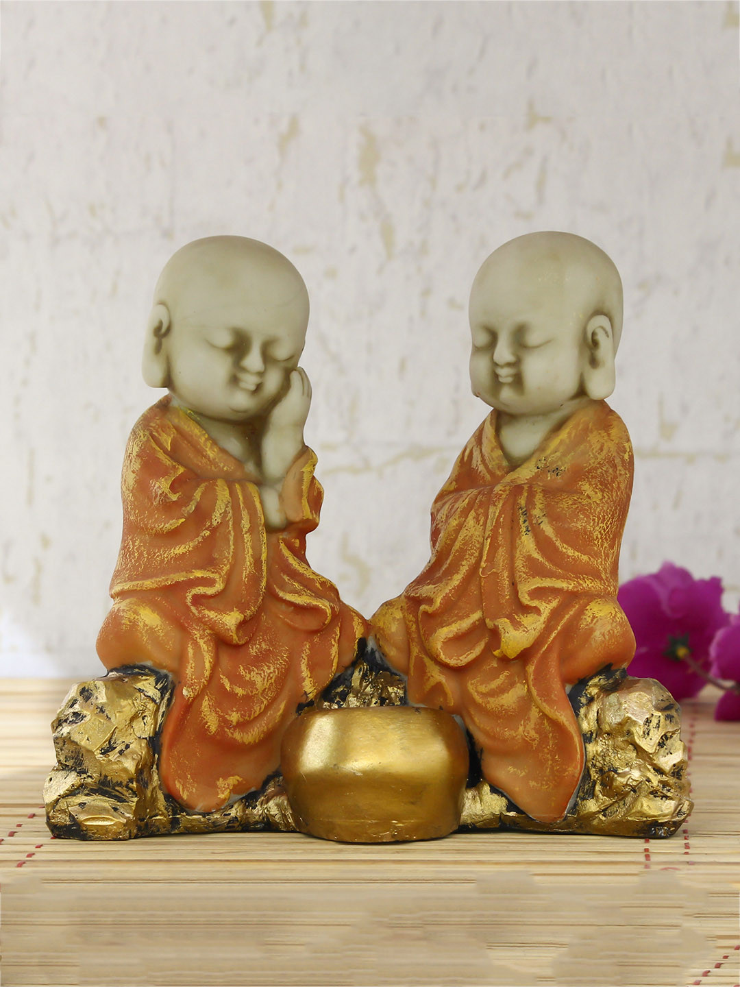 eCraftIndia Monks Orange Polyresin Natural Living Room Small Showpiece - 6.3 Inches