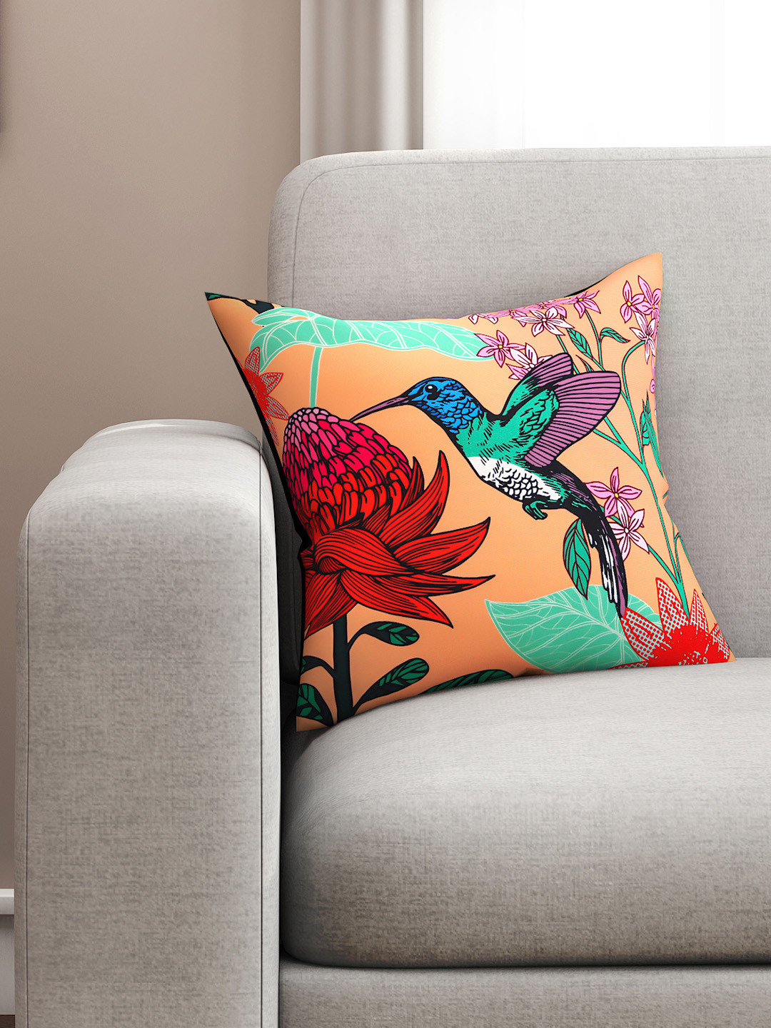 SEJ by Nisha Gupta Abstract Peach Floral Polycotton Washable Square Cushion Cover -16x16In
