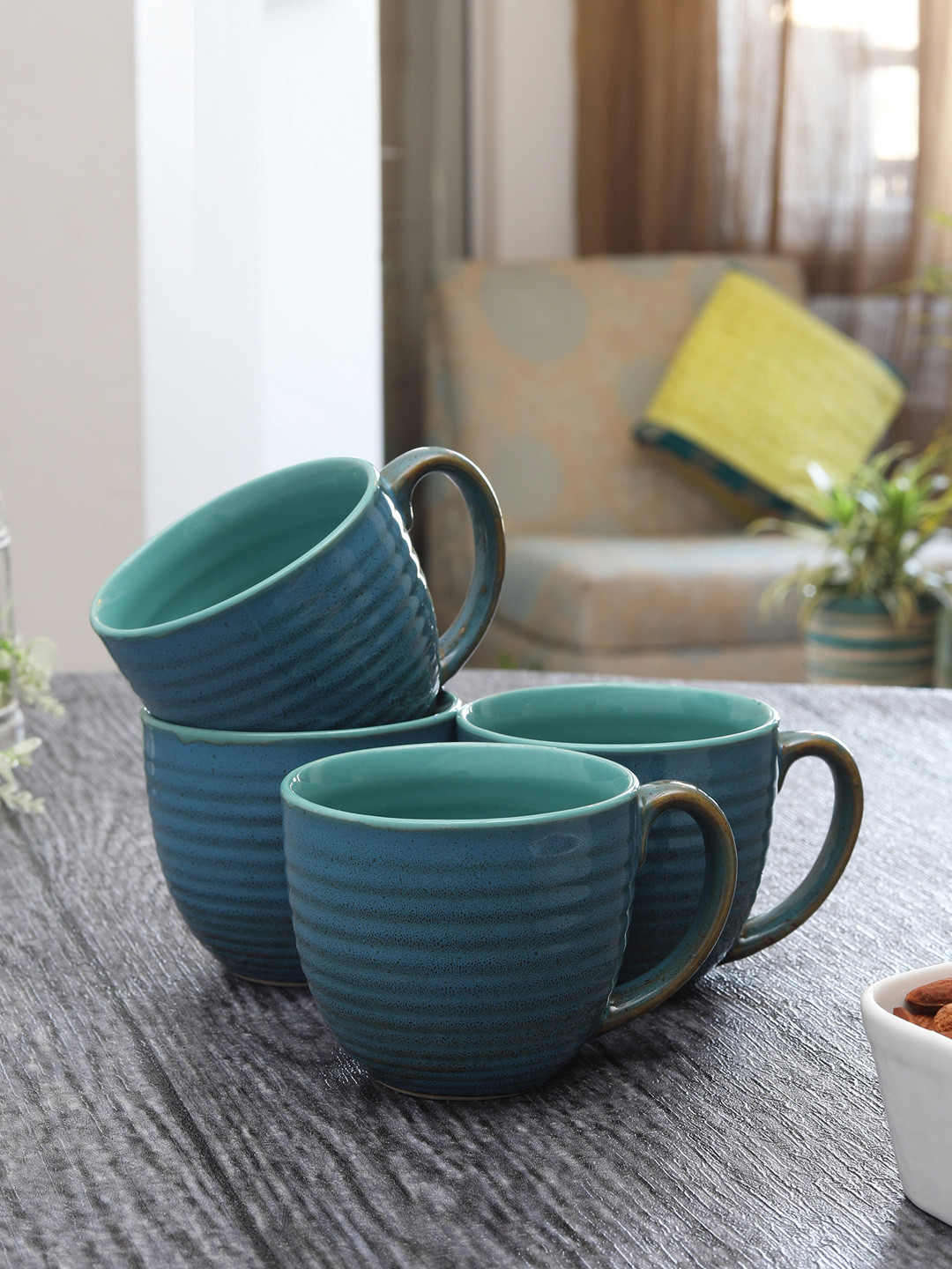 MIAH Decor Diamond Blue Striped Ceramic Handmade 4 Piece Mugs-300ml