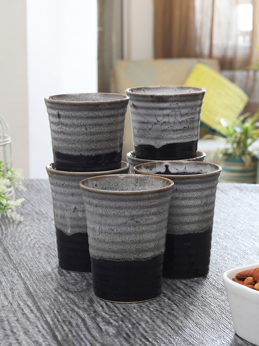 MIAH Decor Black & Grey 6-Pieces Printed Ceramic Pottery Tumblers