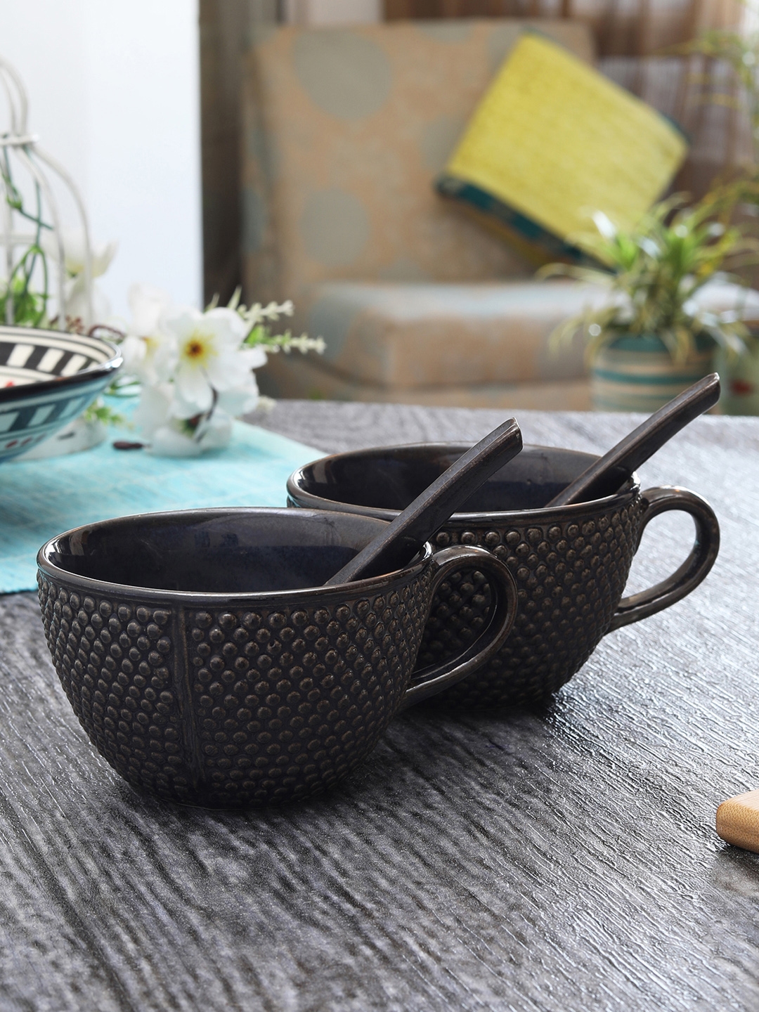 MIAH Decor Set of 2 Black Textured Ceramic Soup Bowls with Spoon