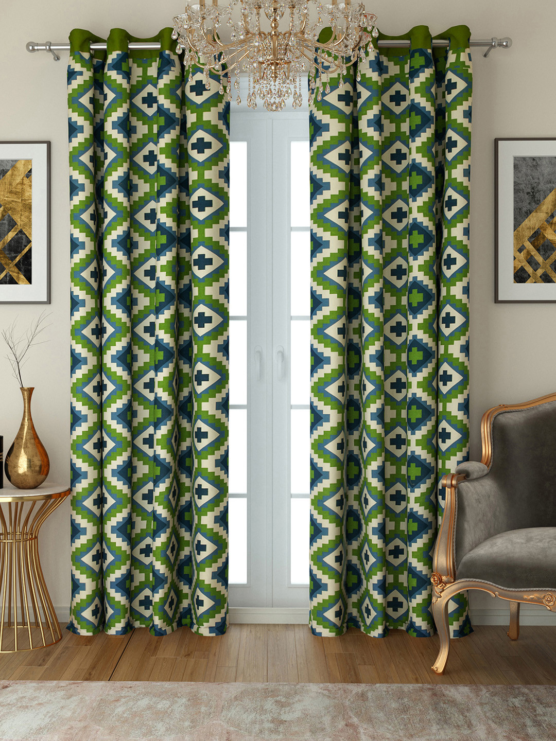 SWAYAM Green & Yellow Casement 220 GSM Single Door Curtains