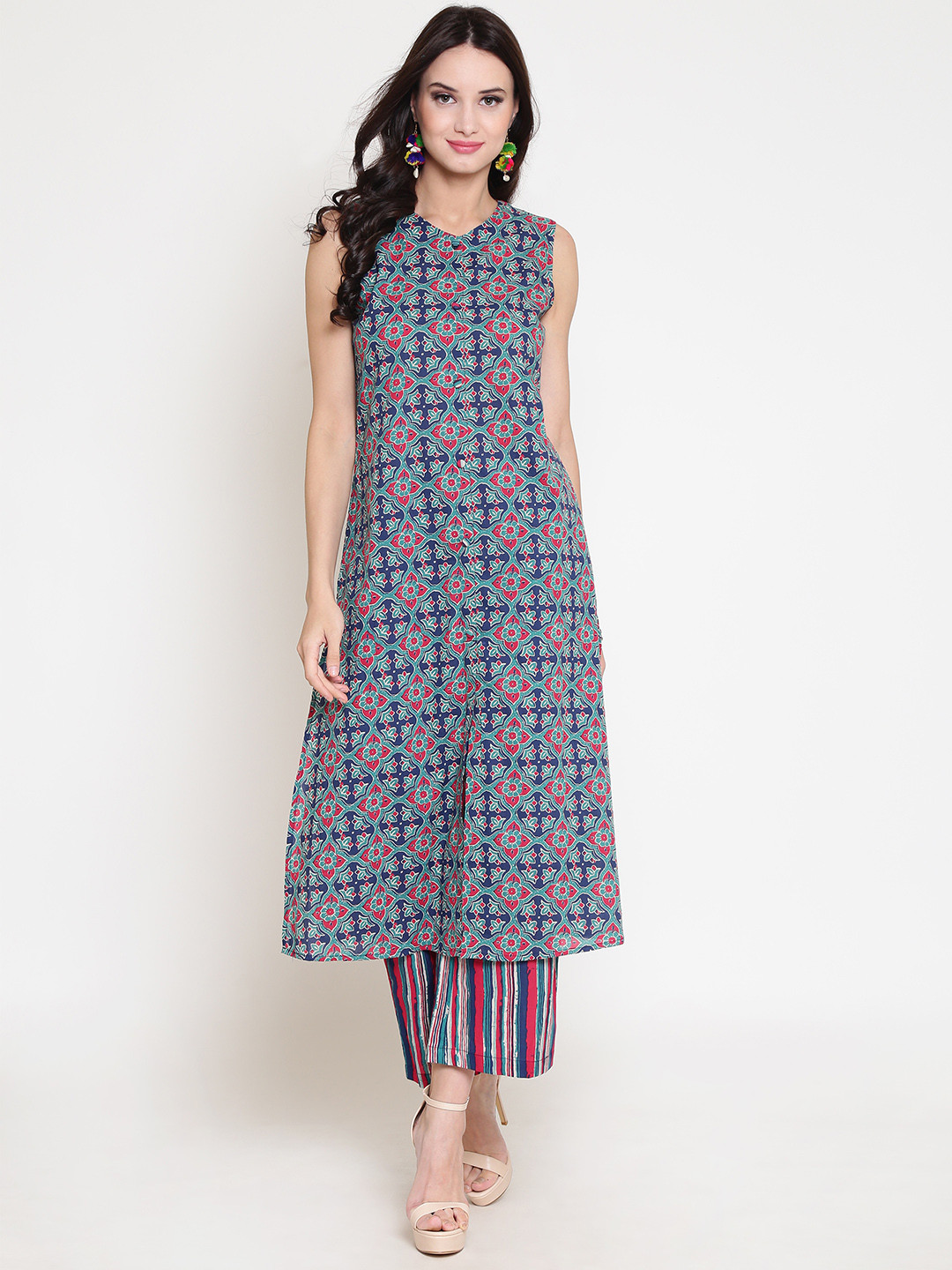 Sera Women Teal Green & Navy Blue Printed Straight Kurta