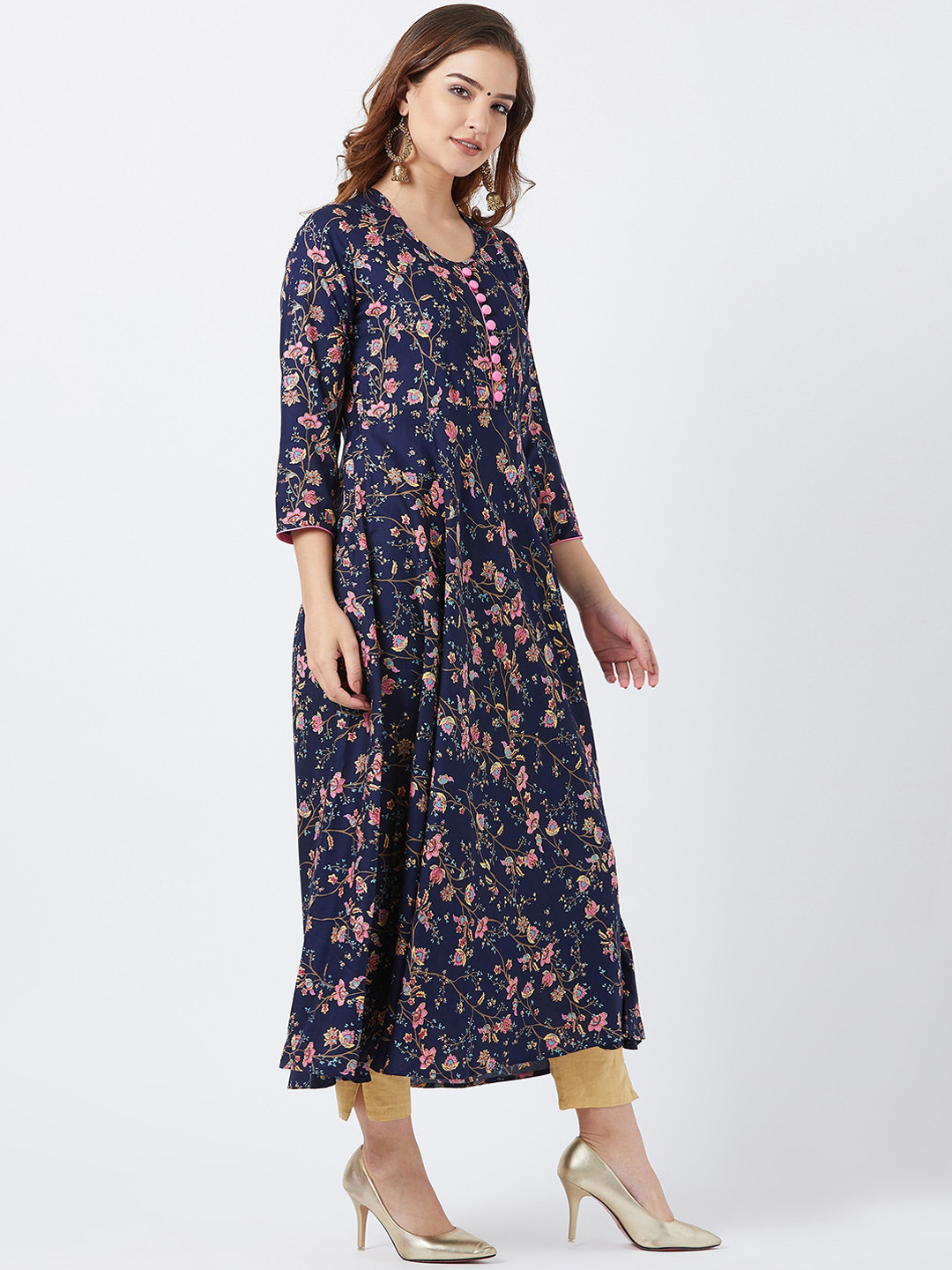 Tissu Women Navy Blue Floral Printed A-Line Kurta