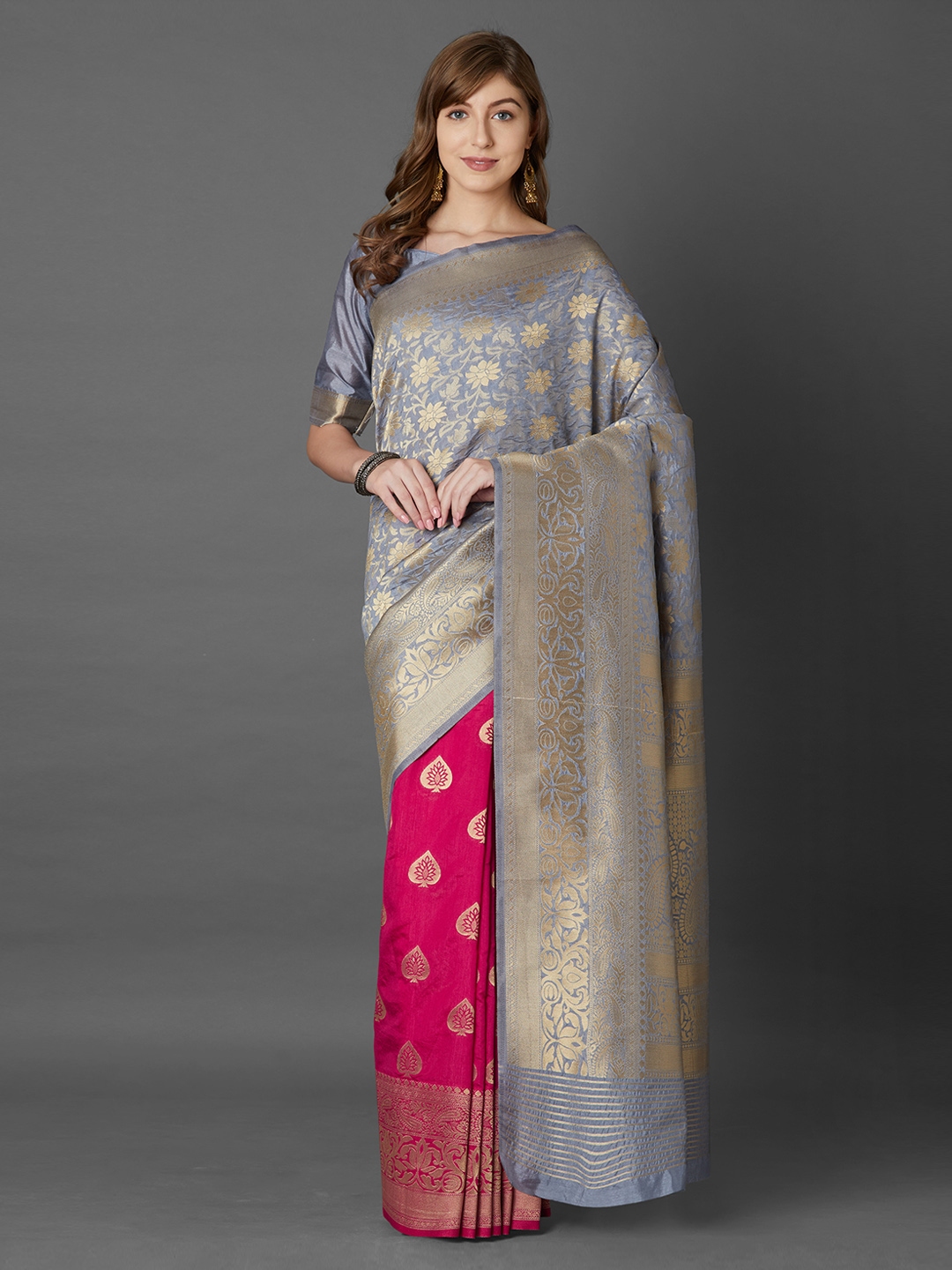 Buy Mitera Grey Pink Silk Blend Woven Design Banarasi Saree