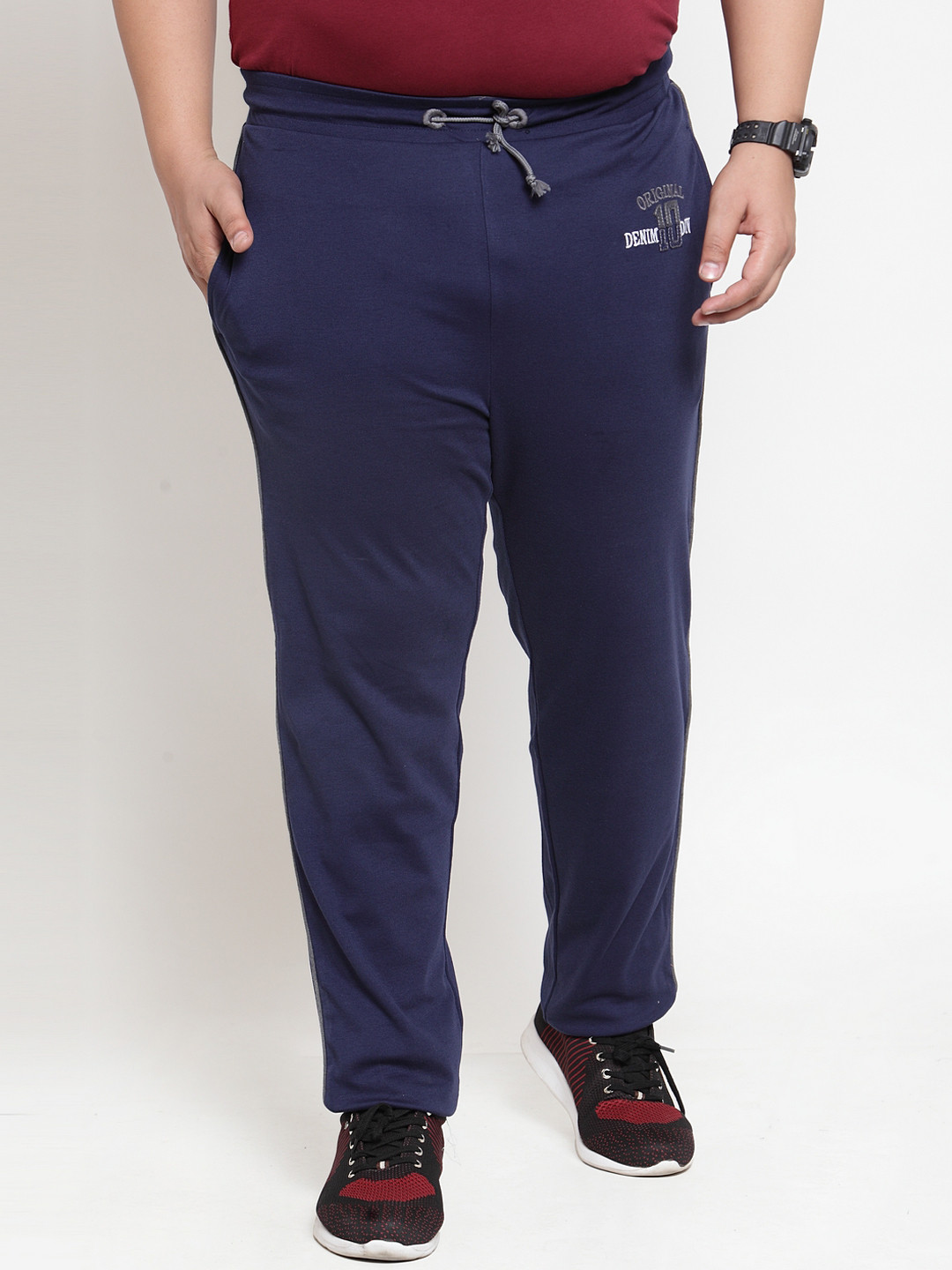 plusS Men Navy Blue Solid Straight-Fit Trackpants