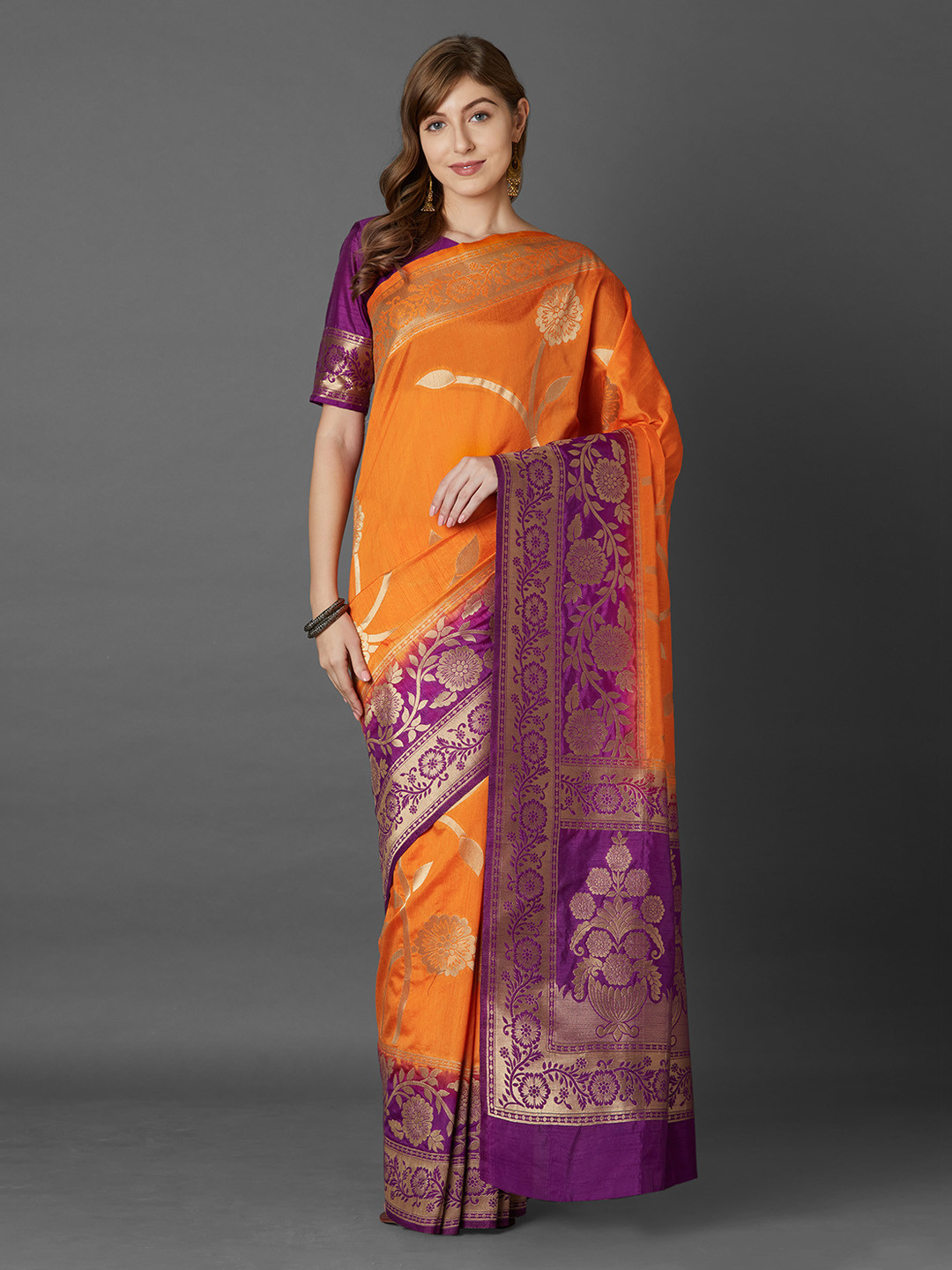Mitera Orange & Purple Silk Blend Woven Design Banarasi Saree