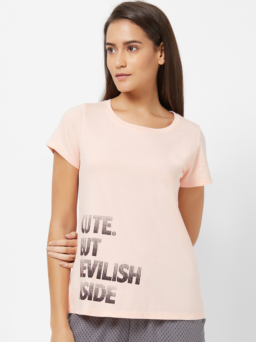 Soie Women Cream-Coloured Printed Lounge T-shirt NT-120APRICOT