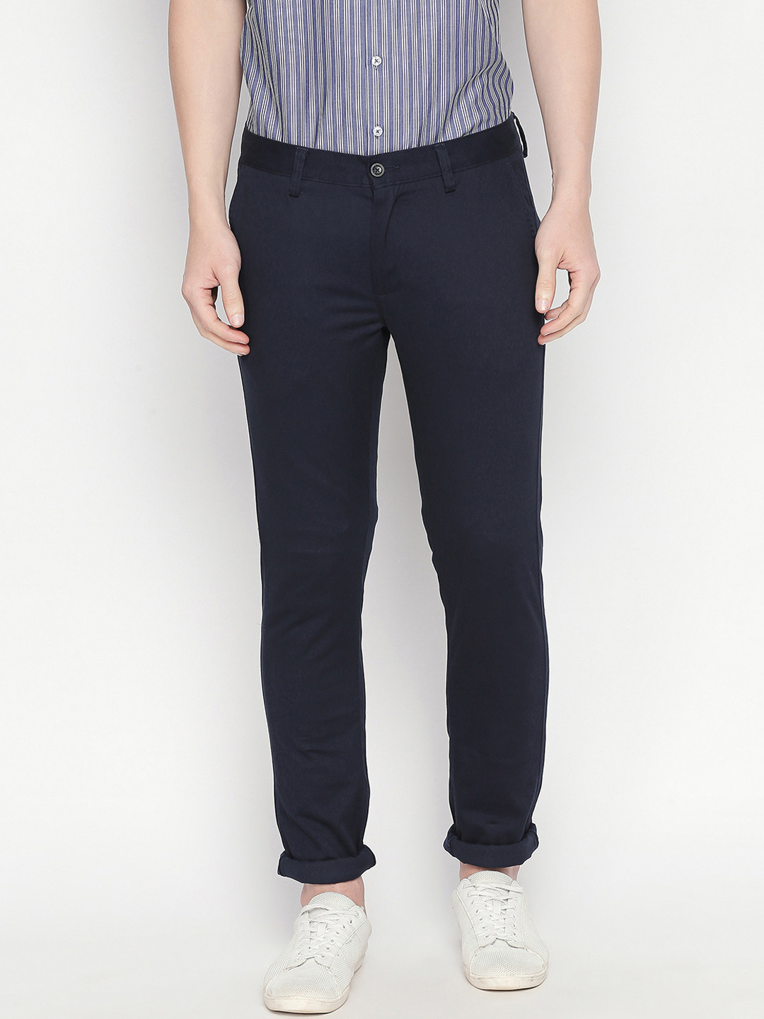 Basics Men Navy Blue Tapered Fit Solid Regular Trousers