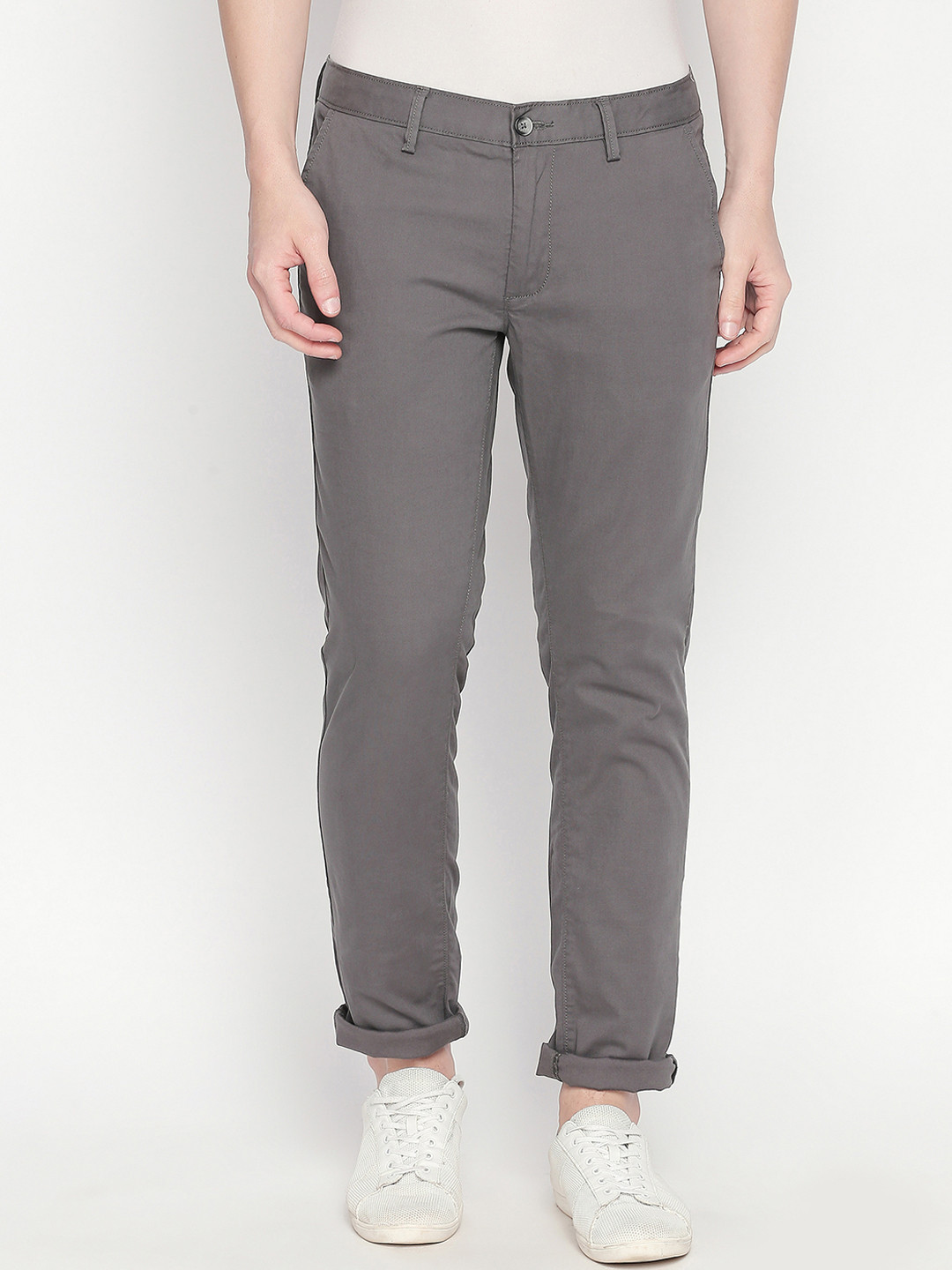 Basics Men Grey Tapered Fit Solid Regular Trousers