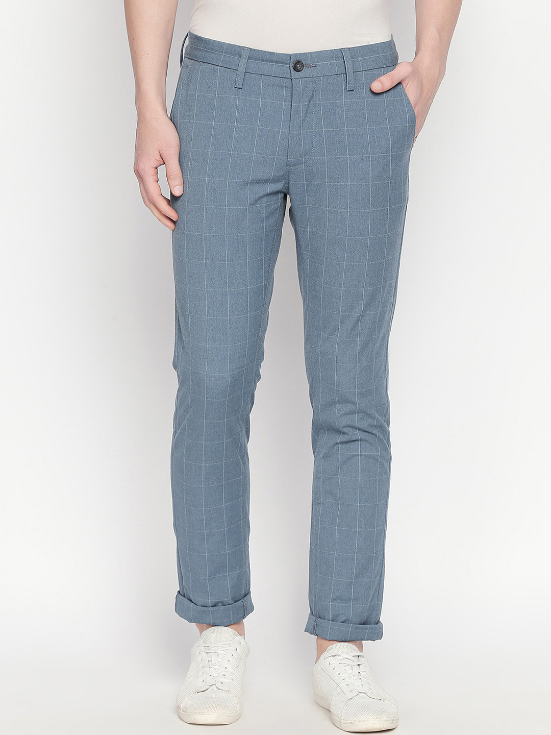 Basics Men Blue Tapered Fit Checked Regular Trousers