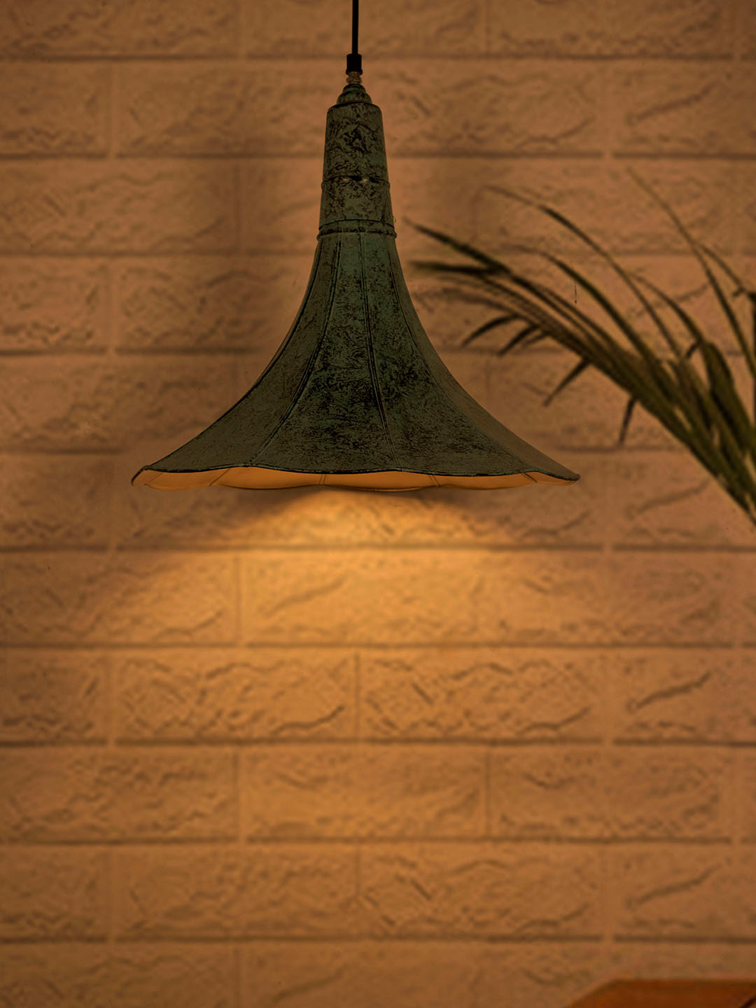 Fos Lighting Green Printed Vintage Gramophone Hanging Light in Patina Finish