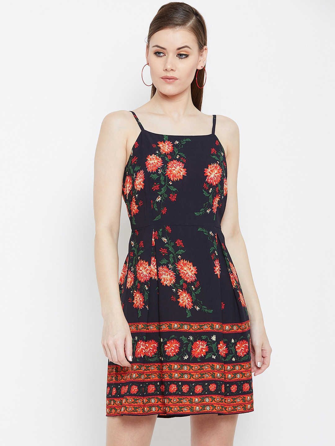 Berrylush Women Navy Blue & Orange Floral Printed Fit and Flare Dress