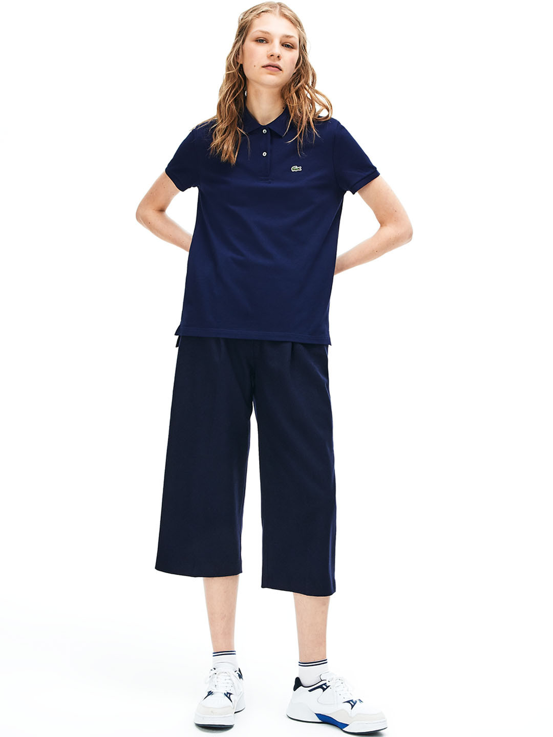 Lacoste Women Navy Blue Solid Polo Collar Pure Cotton T-shirt