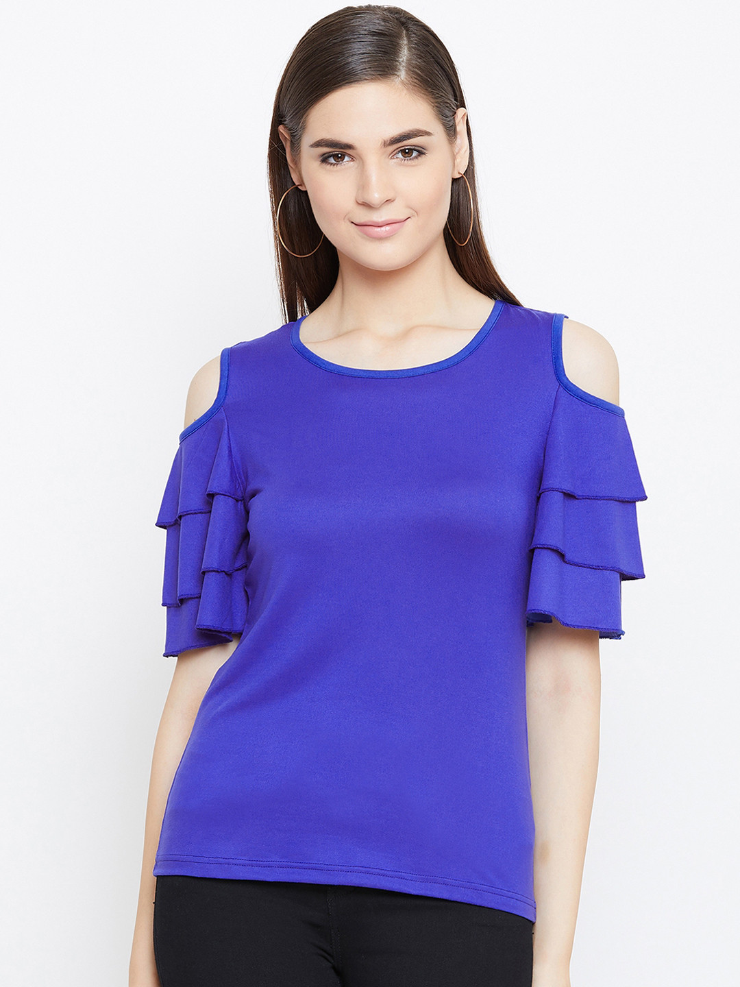 CHROME & CORAL Women Blue Solid Top