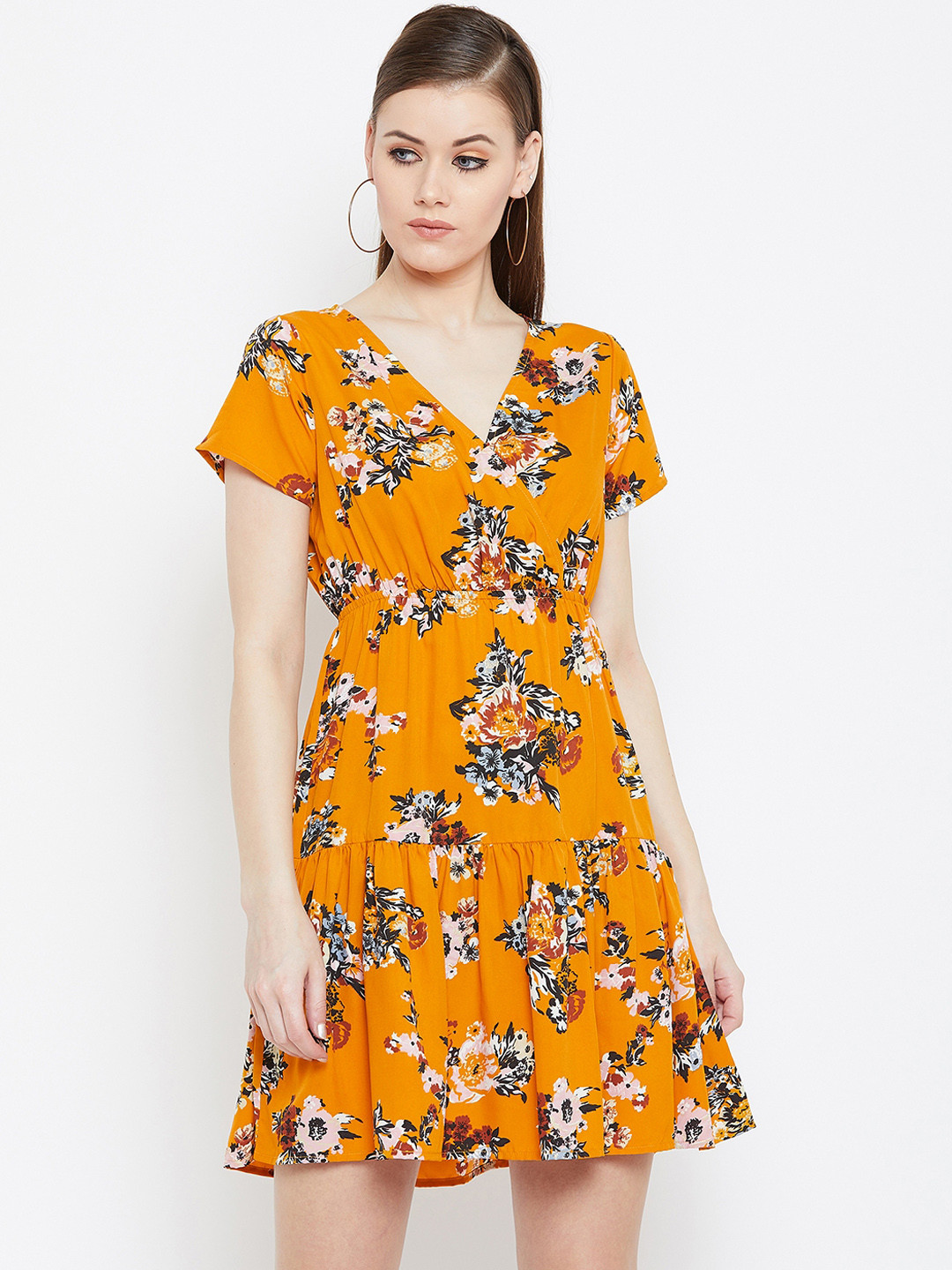 Berrylush Women Mustard Orange Floral Printed Empire Dress