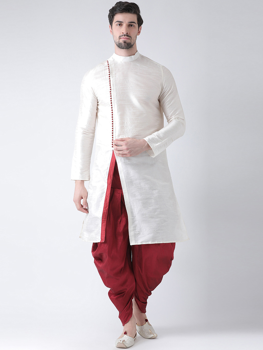 DEYANN Men Off-White & Red Dupion Silk Solid Kurta with Patiala