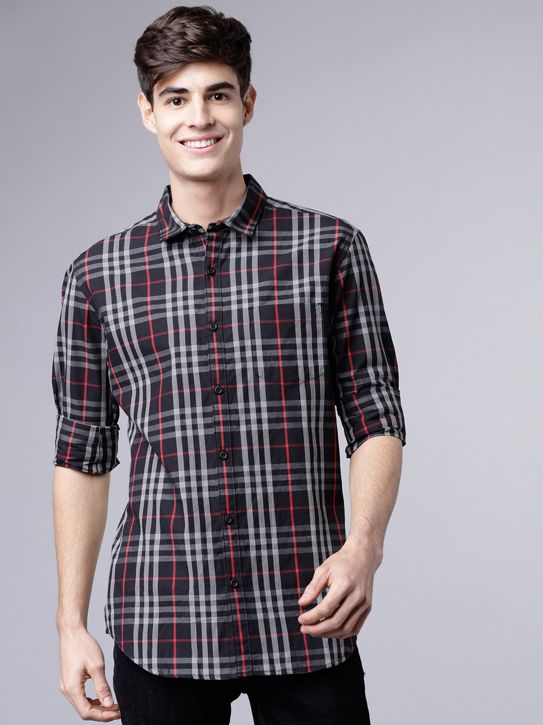 HIGHLANDER Men Black & White Slim Fit Checked Casual Shirt