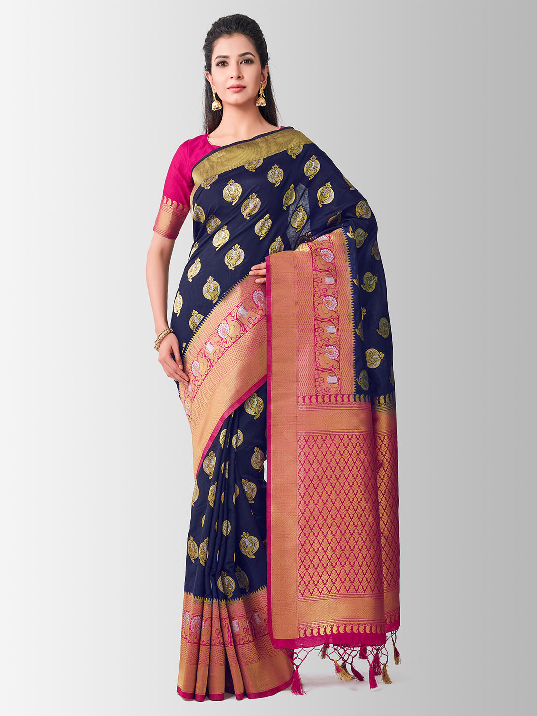 MIMOSA Navy Blue & Pink Art Silk Woven Design Kanjeevaram Saree