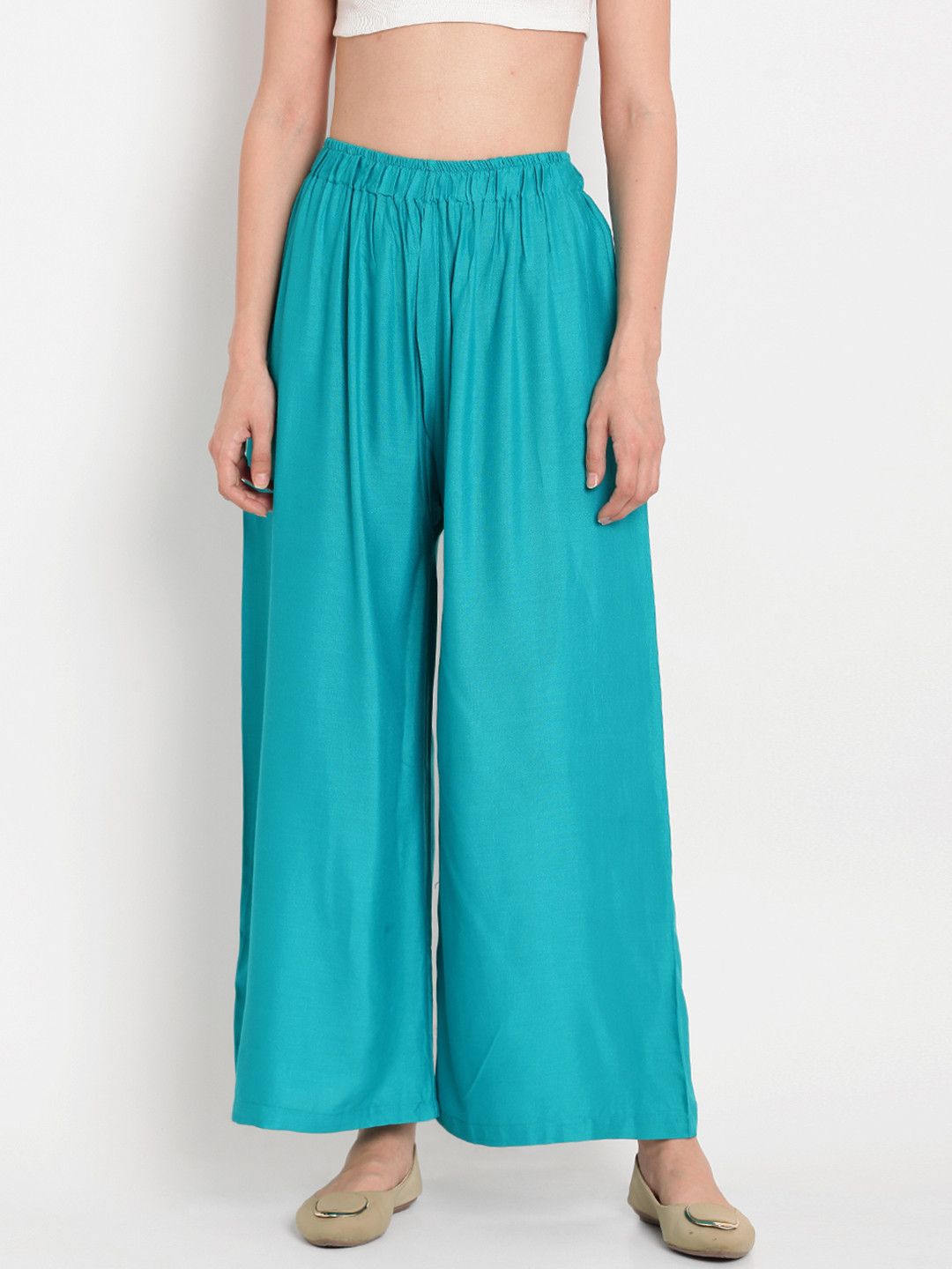 TAG 7 Women Teal Blue Solid Flared Palazzos