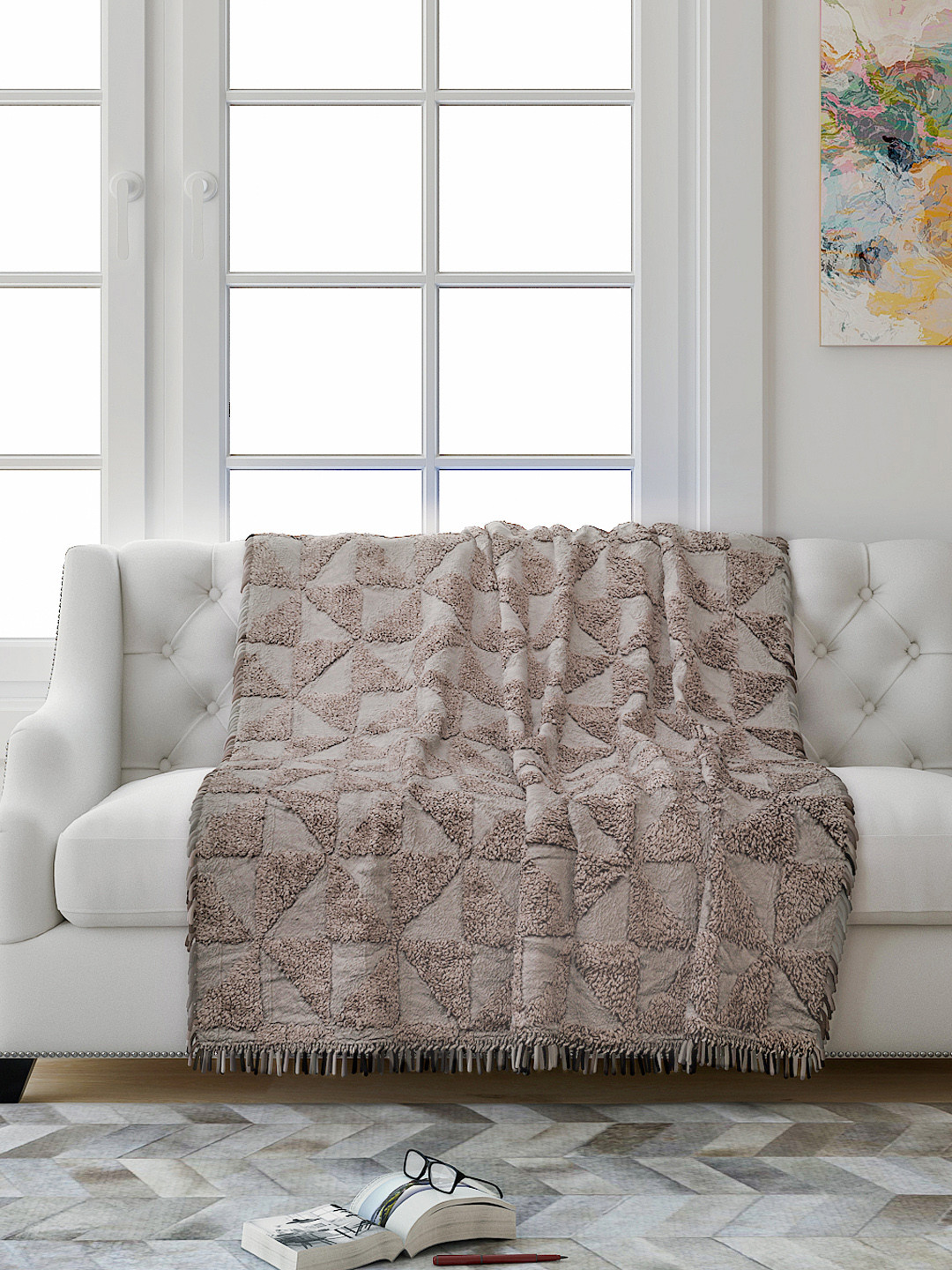 Saral Home Grey Self Design 2 Seater Tufted Sofa Throw