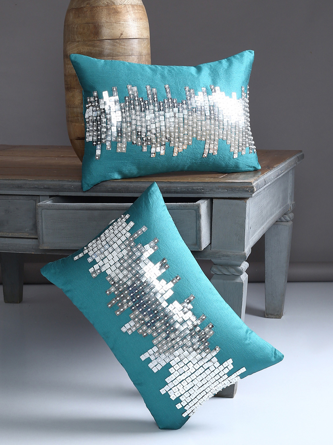 Alina decor Teal Set of 2 Self Design Rectangle Cushion Covers