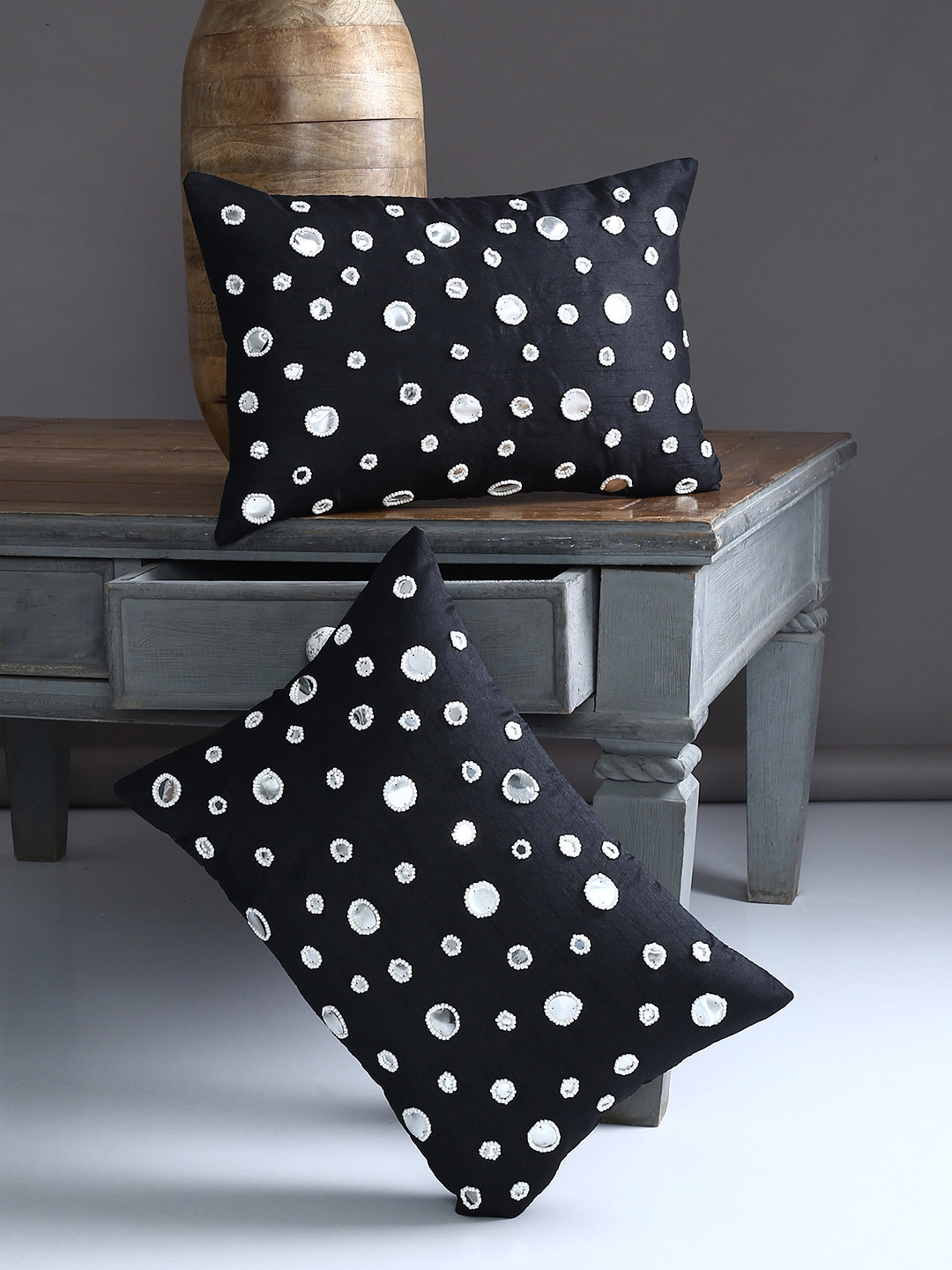 Alina decor Black Polyester Washable 2 Piece Embellished Rectangle Cushion Covers -18x12In