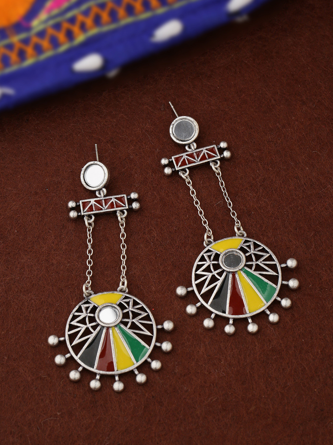 Voylla Silver-Plated & Yellow Circular Drop Earrings